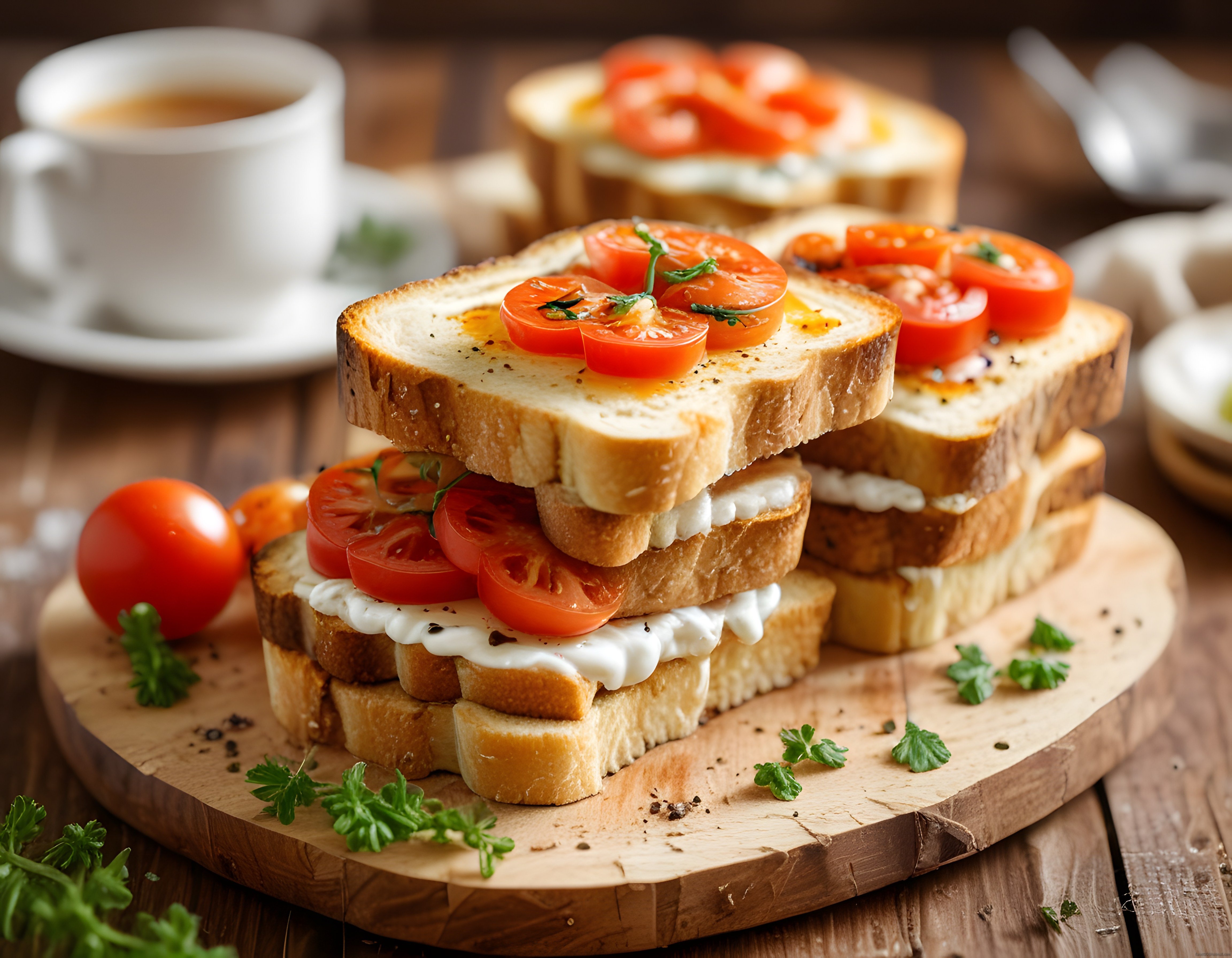 Ahşap Sunum Tahtasında Domatesli Peynirli Tost ve Sıcak Kahve