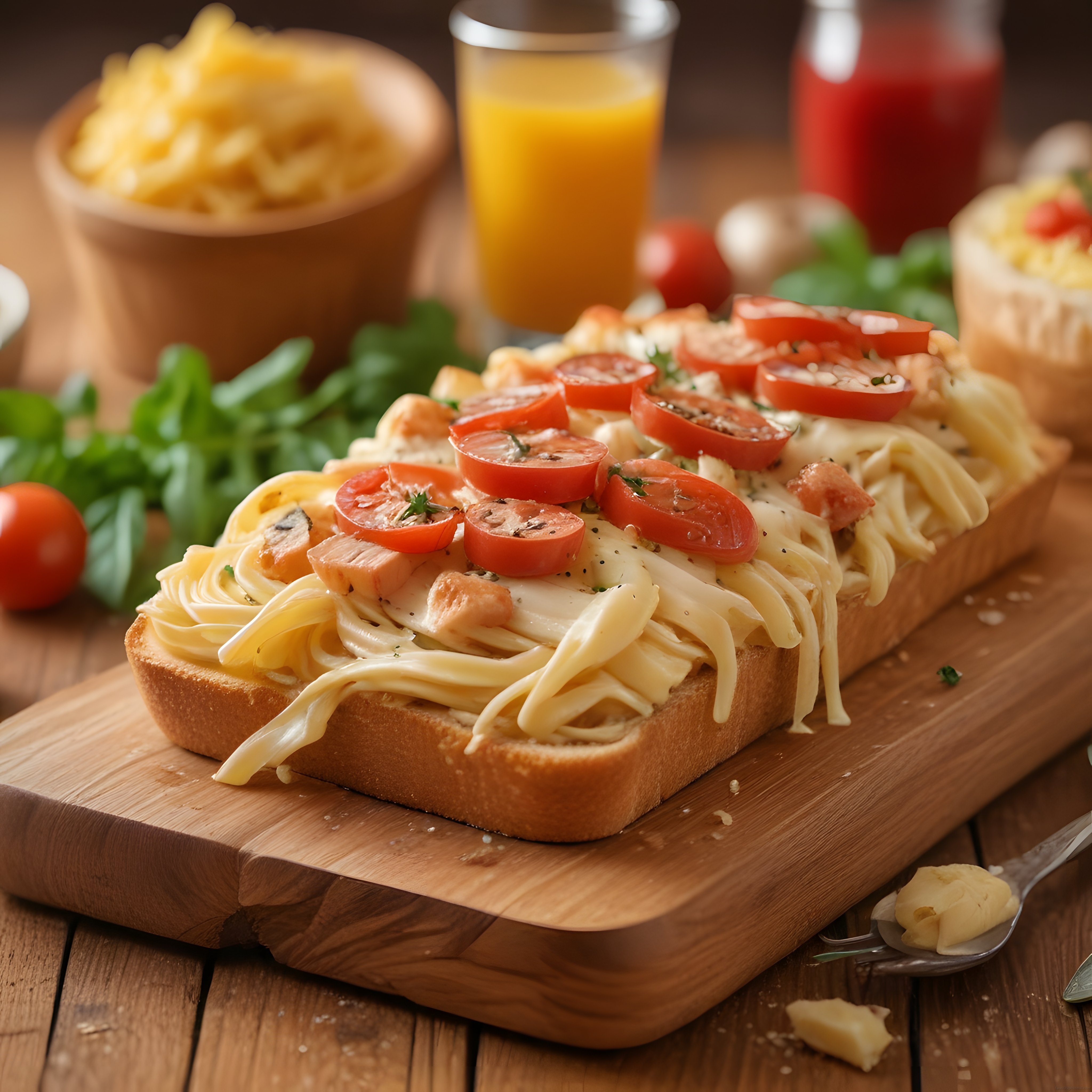 Ahşap sunum tahtasında domatesli spagetti ekmek ve sıcak kahvaltı atmosferi