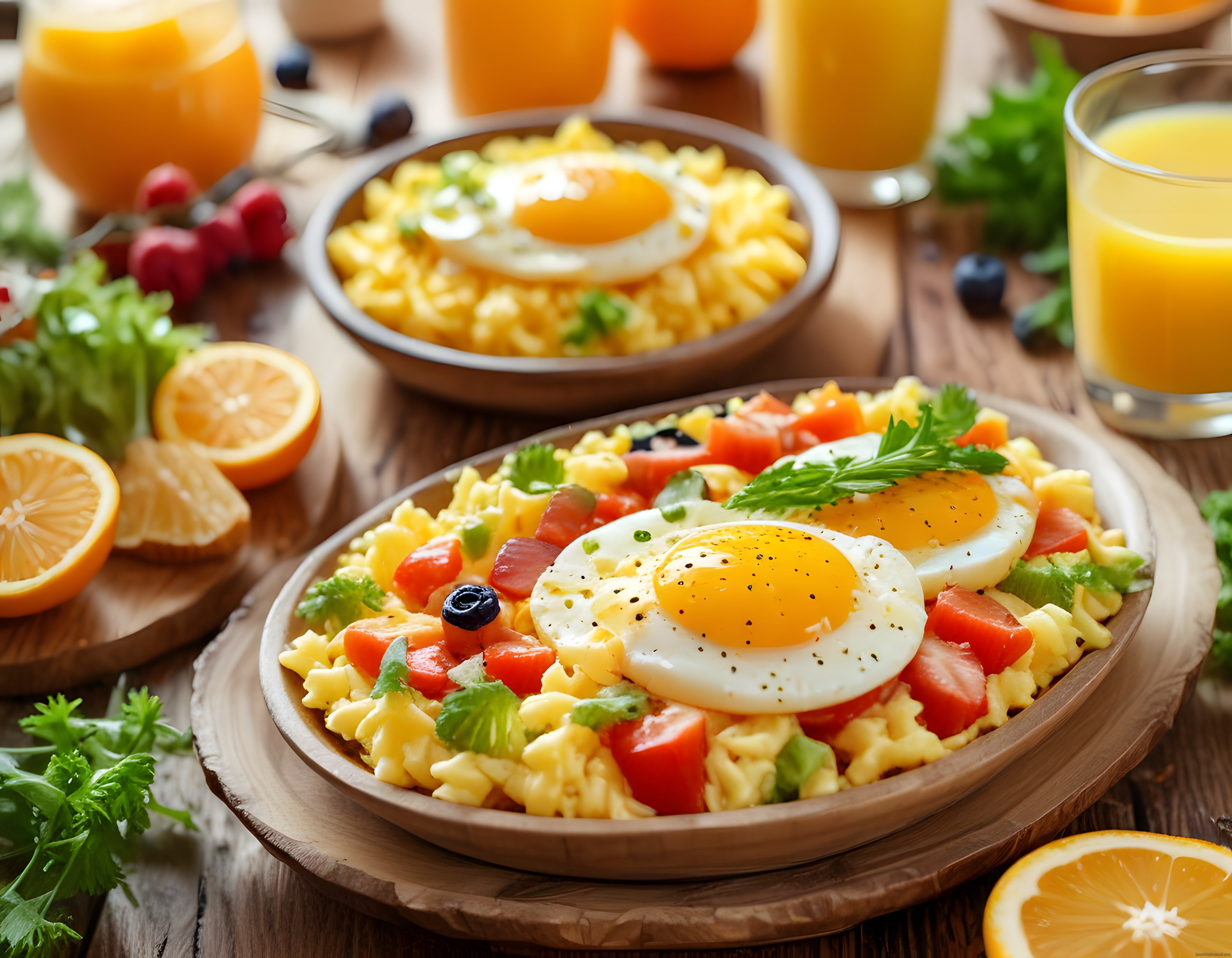 Ahşap sunum tahtasında domatesli yumurta ve portakal suyuyla kahvaltı keyfi