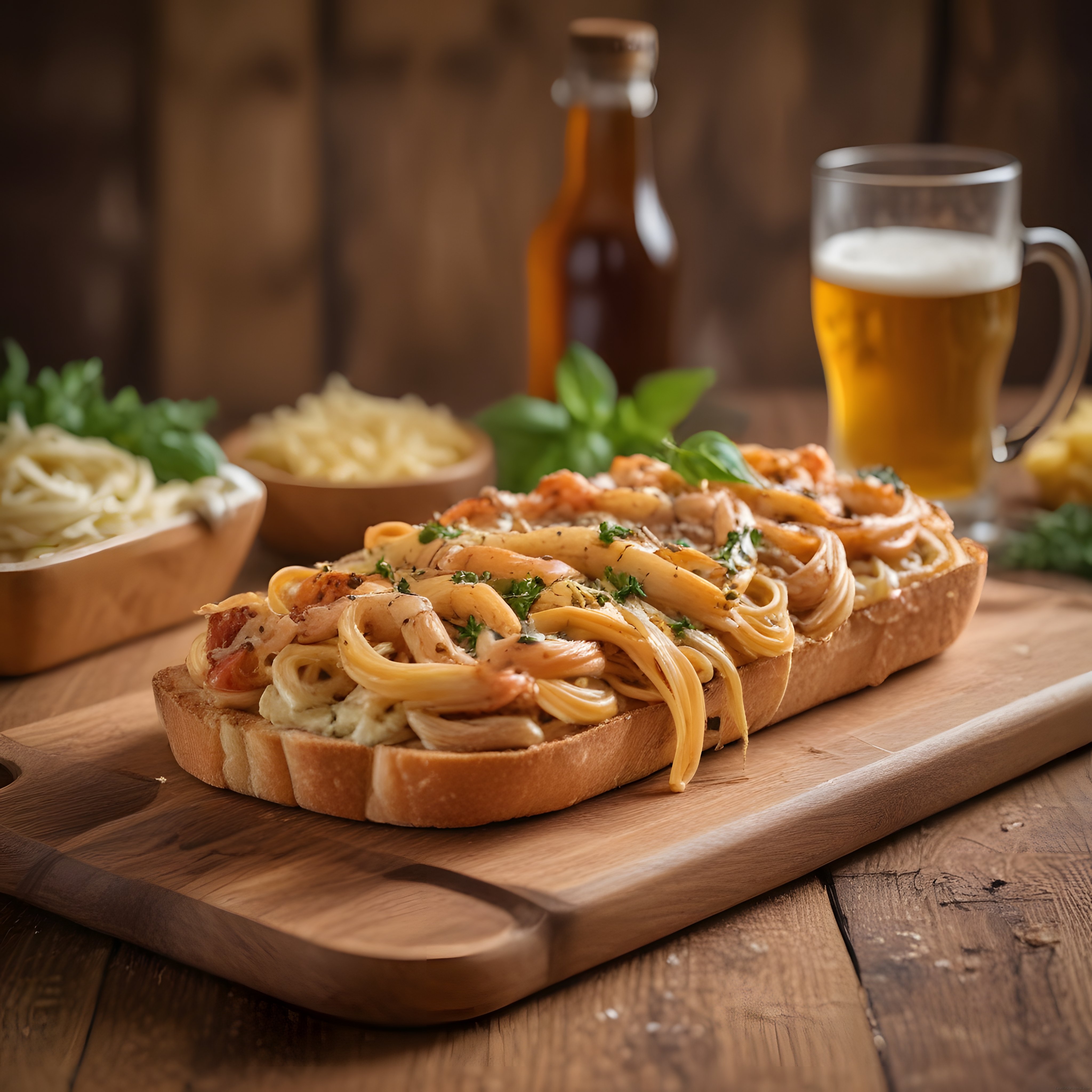 Ahşap Sunum Tahtasında Ekmek Üstü Tavuklu Makarna ve Bira Eşliğinde