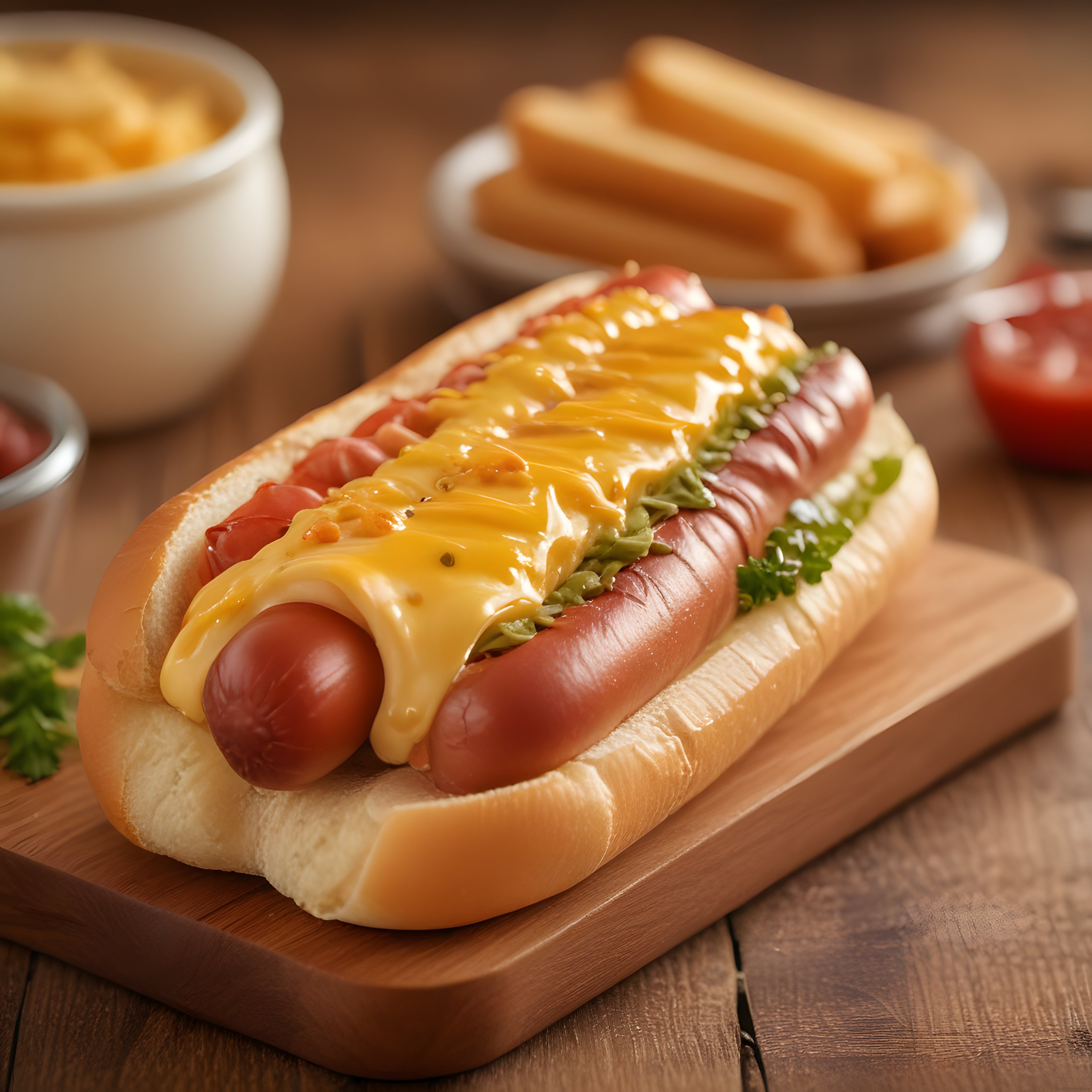 Ahşap Sunum Tahtasında Erimeş Peynirli Baconlı Sosisli Sandviç Tarifi