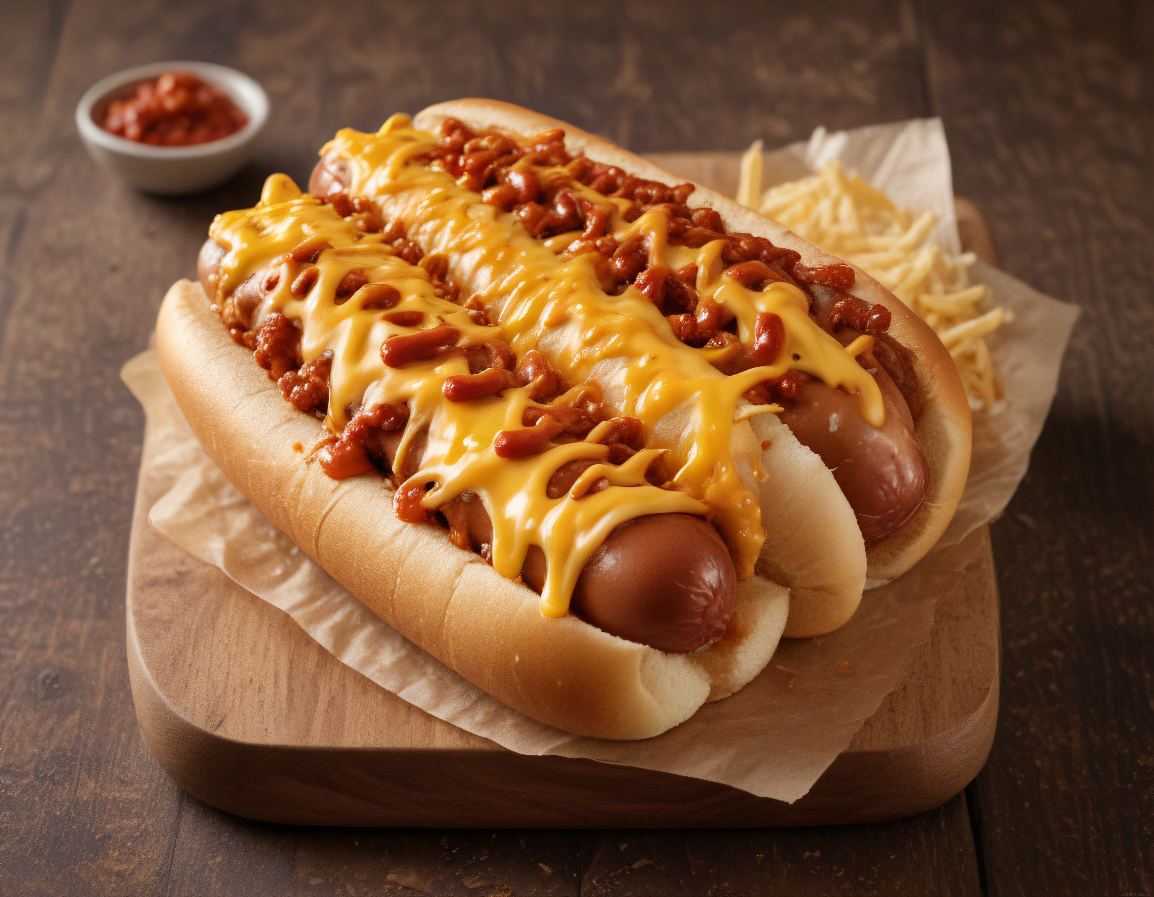 Ahşap Sunum Tahtasında Erimiş Peynirli Chili Cheese Hot Dog Keyfi