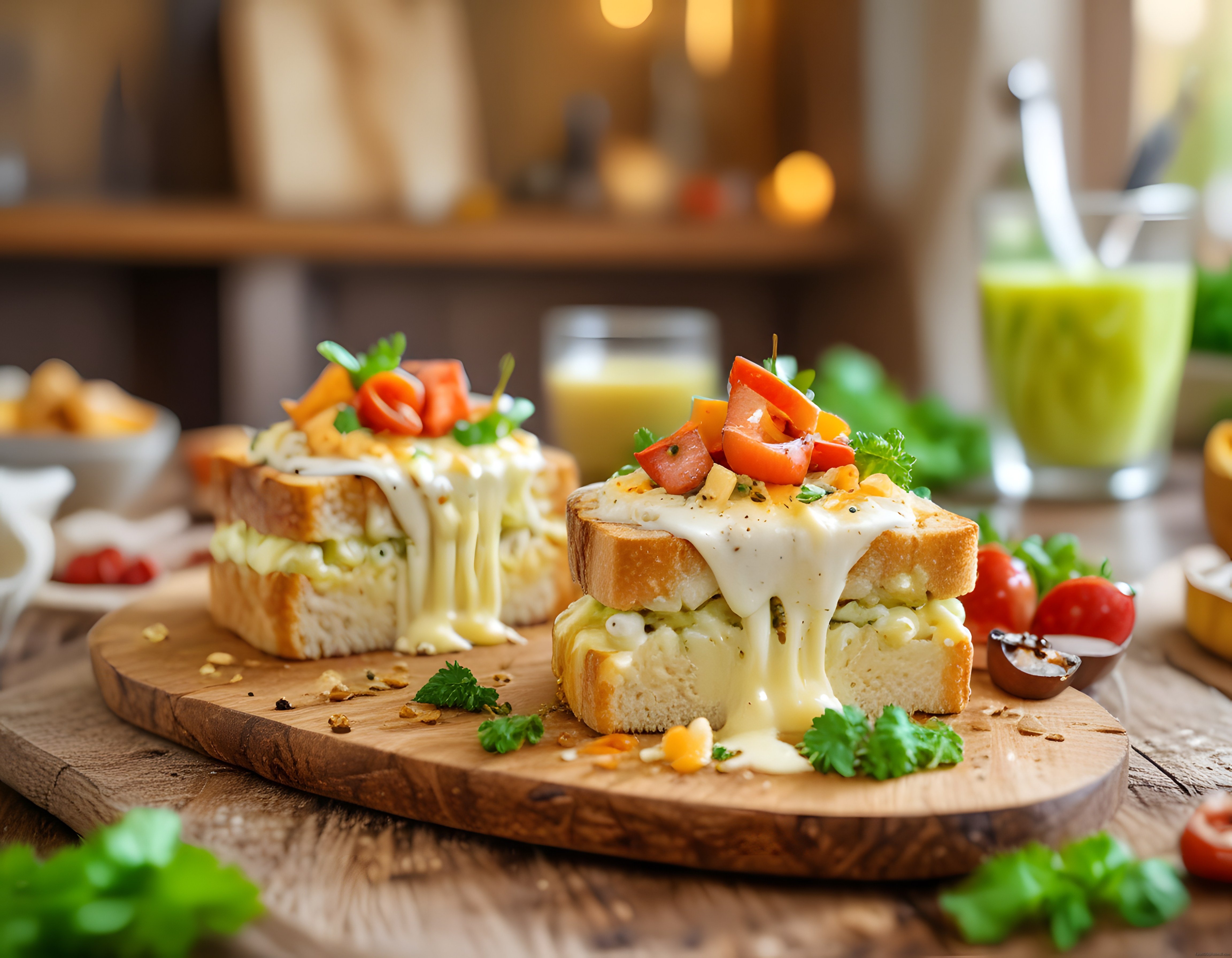 Ahşap Sunum Tahtasında Erimiş Peynirli Yumurtalı Tost ve Taze Yeşillikler