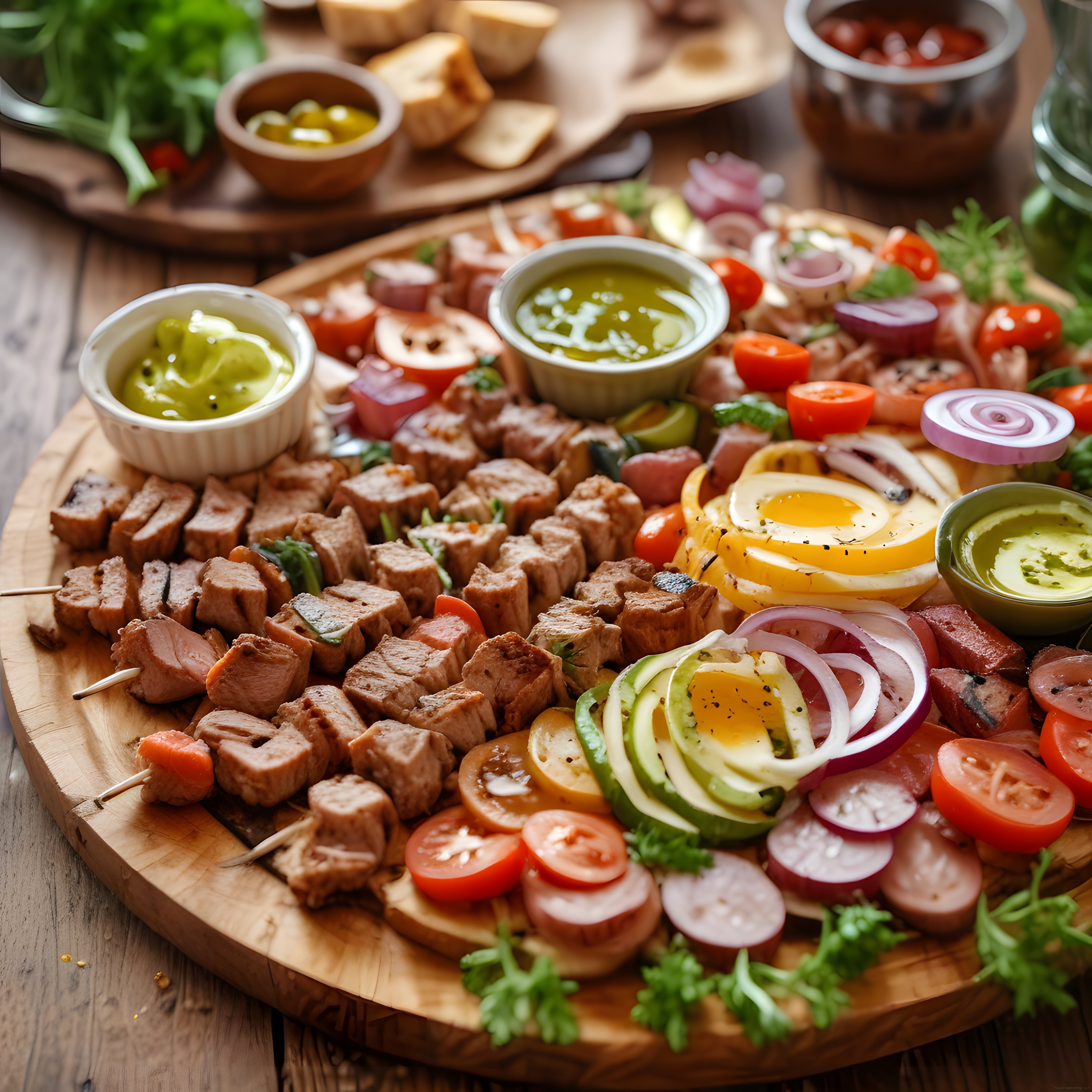 Ahşap sunum tahtasında et yumurta sebze ve soslarla zengin brunch menüsü