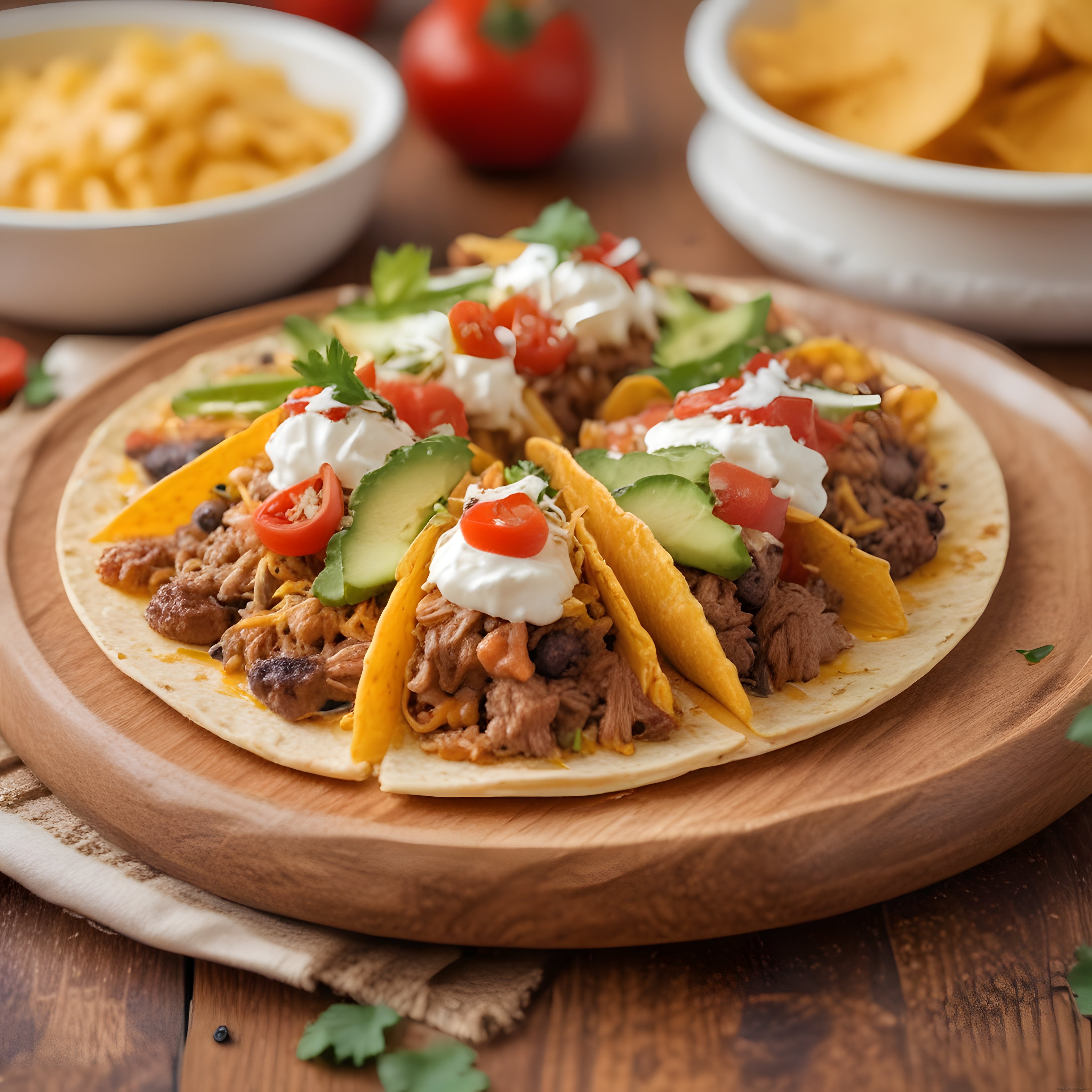 Ahşap Sunum Tahtasında Eti Bol Meksika Tacosları ve Yanında Nachos