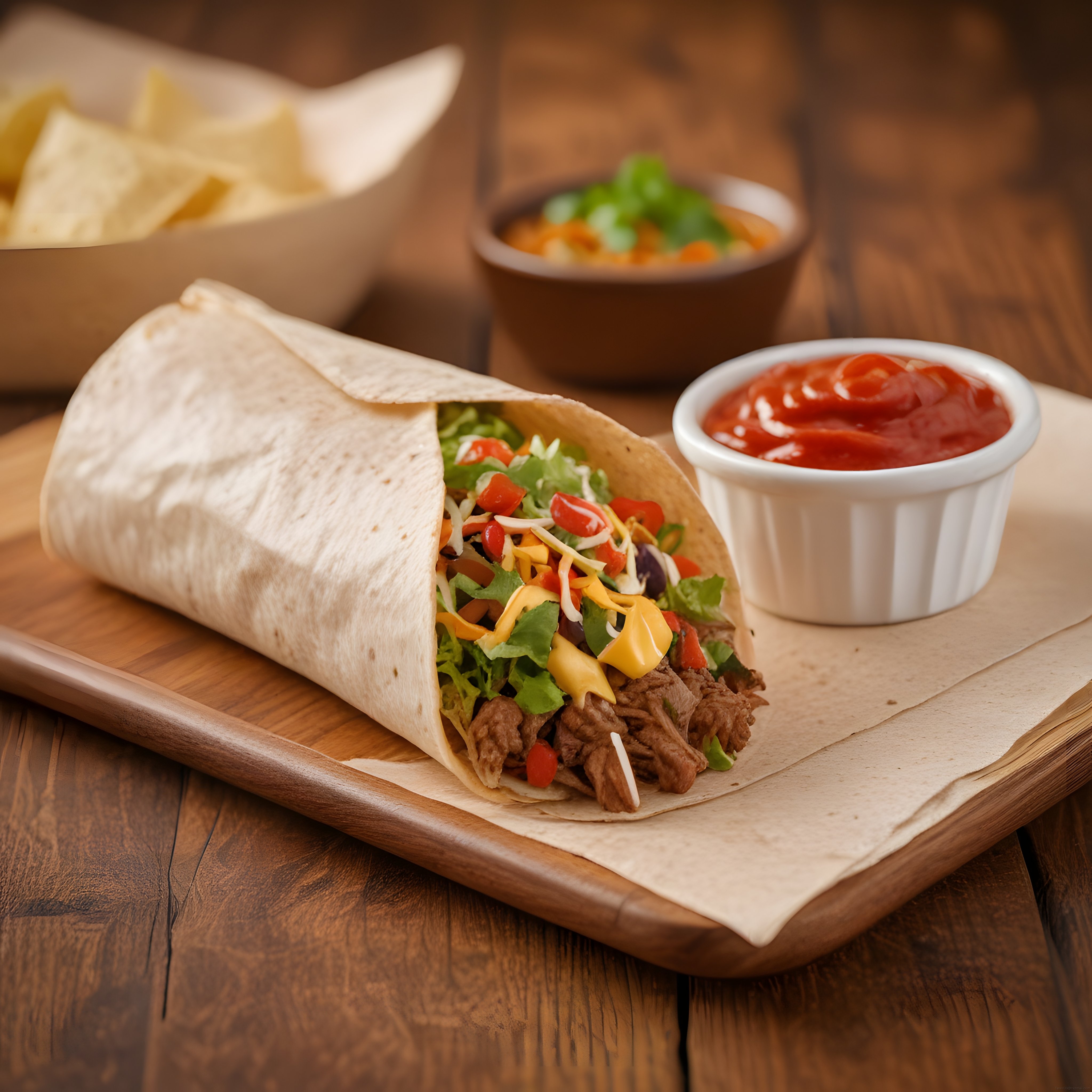 Ahşap Sunum Tahtasında Etli Burrito, Nacho Cips ve Salsa Sosu ile Meksika Keyfi
