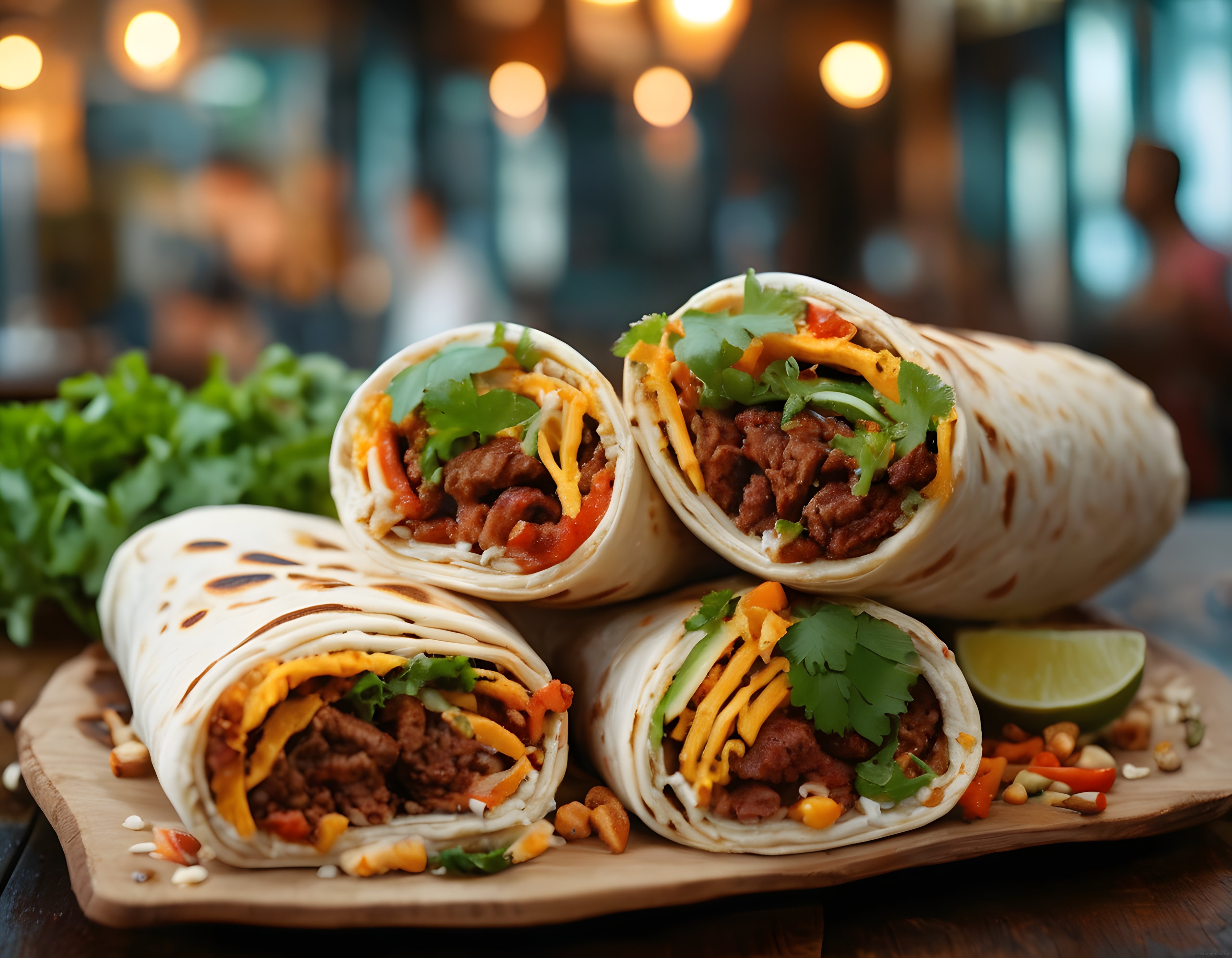 Ahşap Sunum Tahtasında Etli Peynirli Meksika Burritoları ve Taze Kişniş