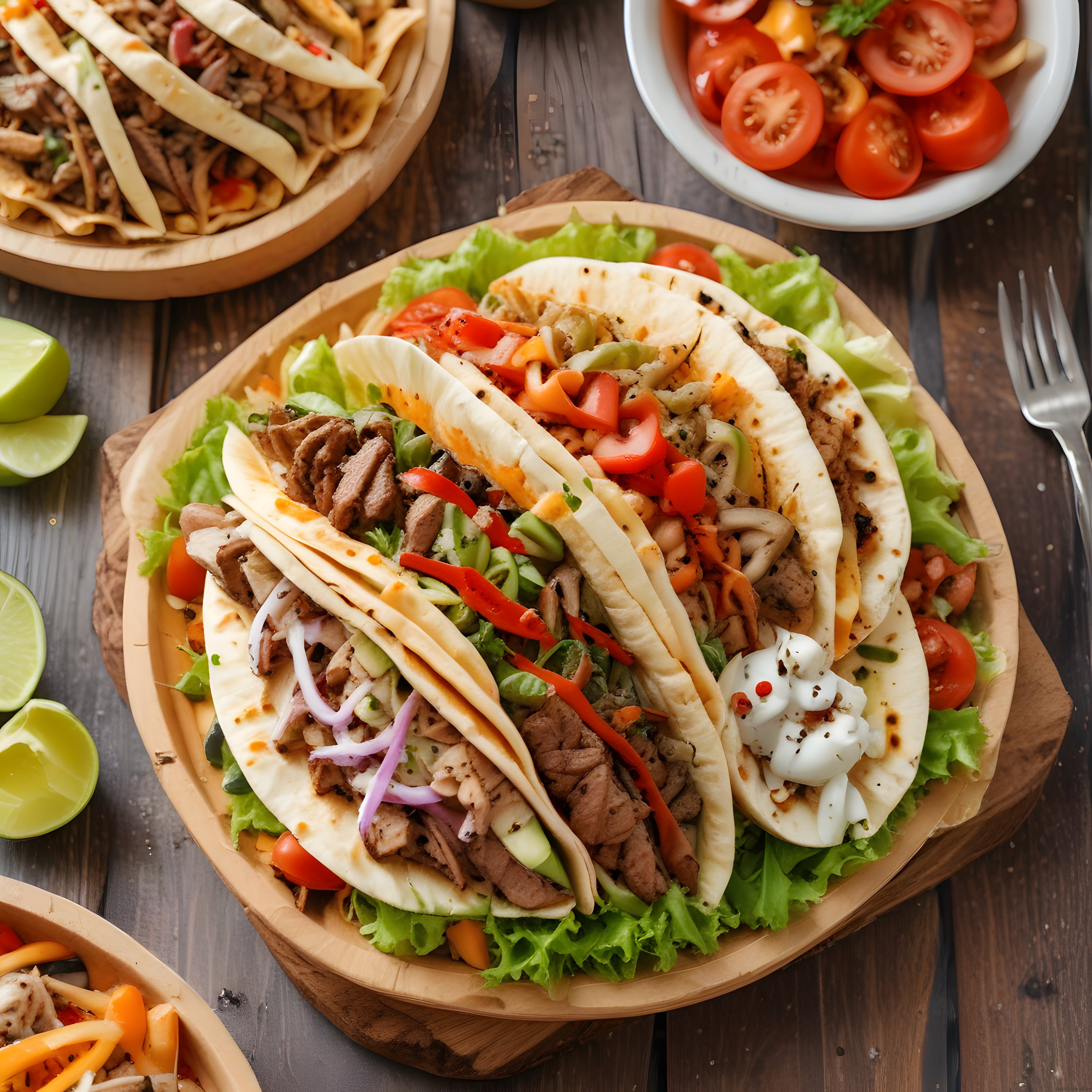 Ahşap Sunum Tahtasında Etli Taco ve Fajita: Meksika Mutfağından Egzotik Tat