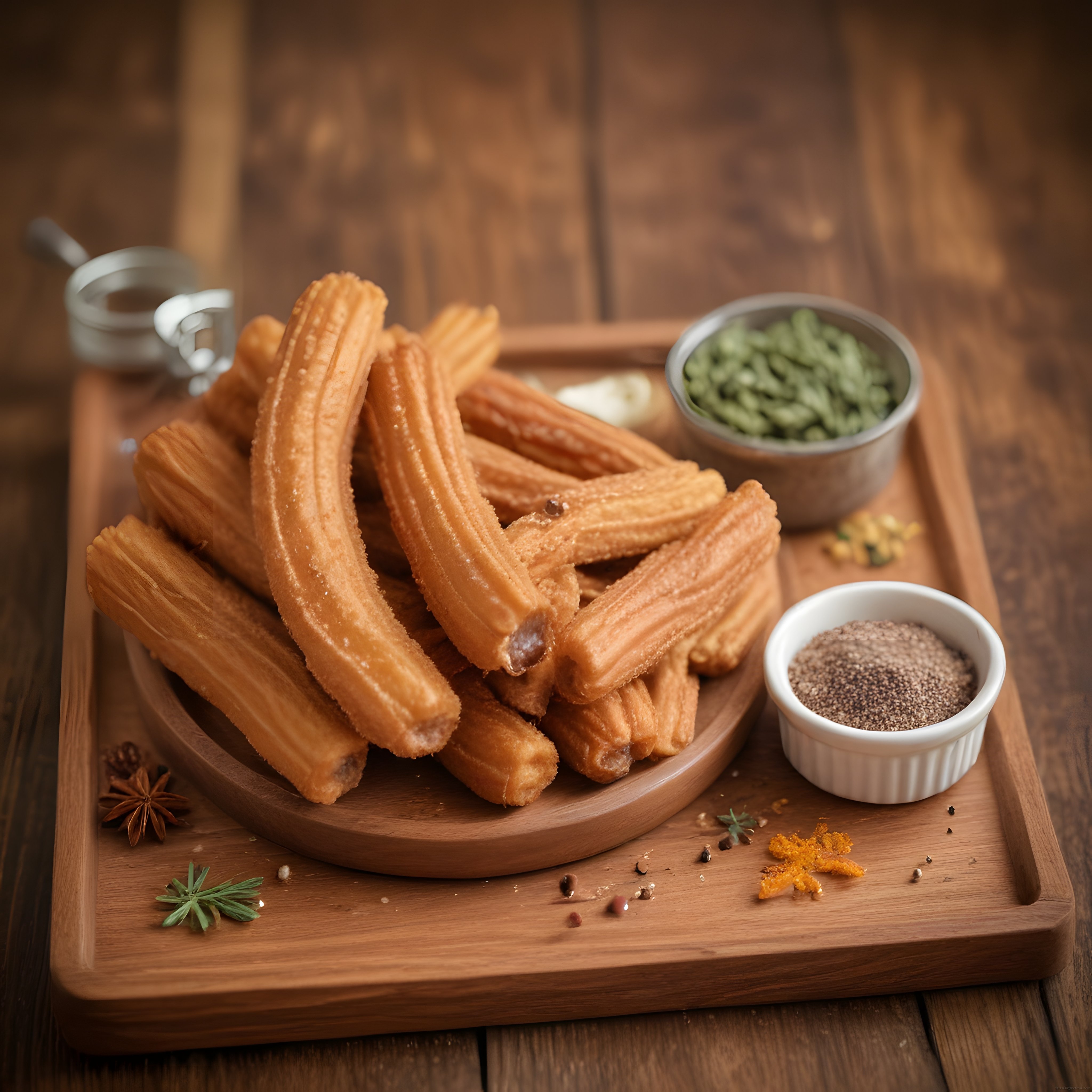ahşap sunum tahtasında ev yapımı churros tarçın şeker karışımı ve baharatlar