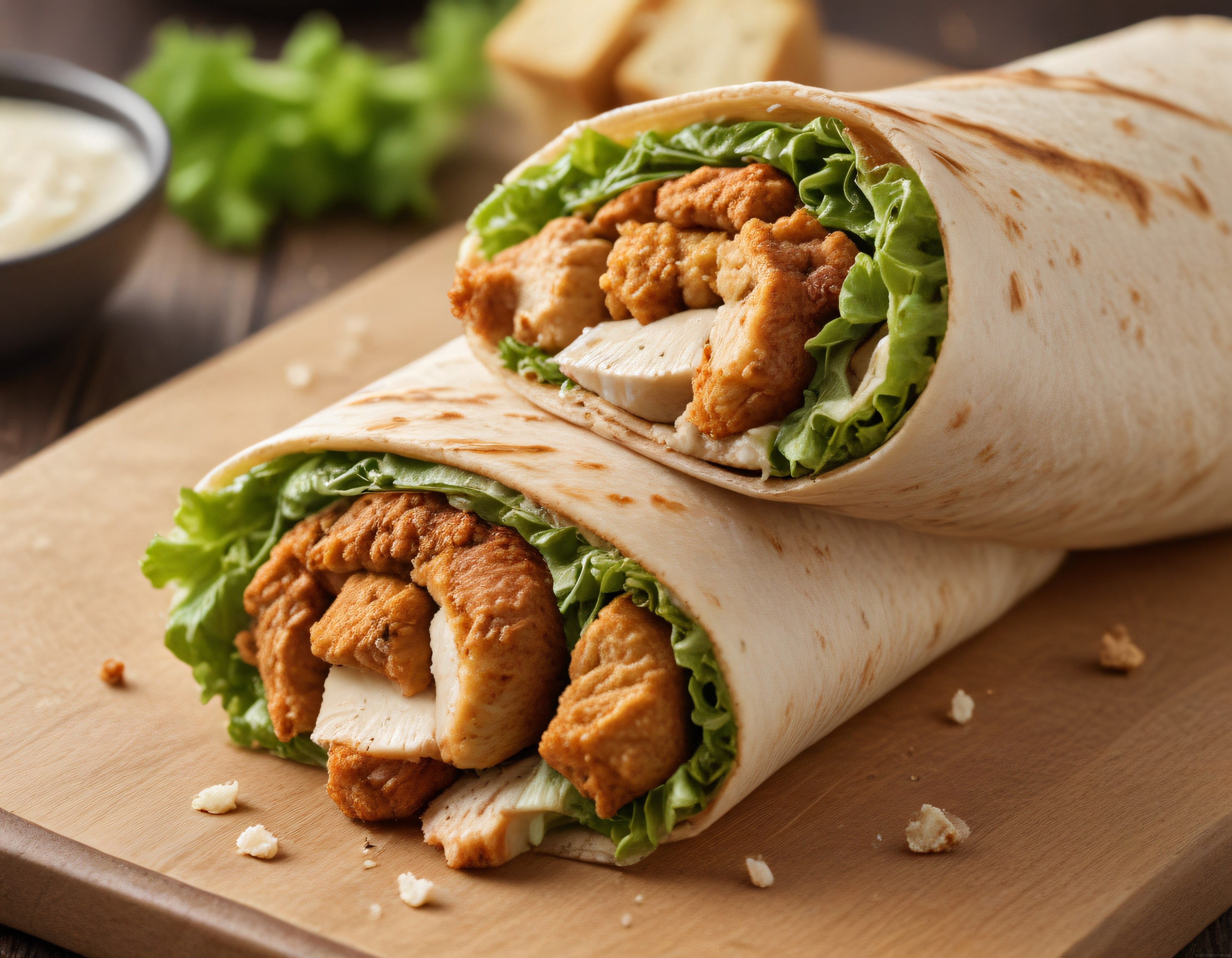 Ahşap Sunum Tahtasında Ev Yapımı Çıtır Tavuklu Lavaş Wrap Tarifi