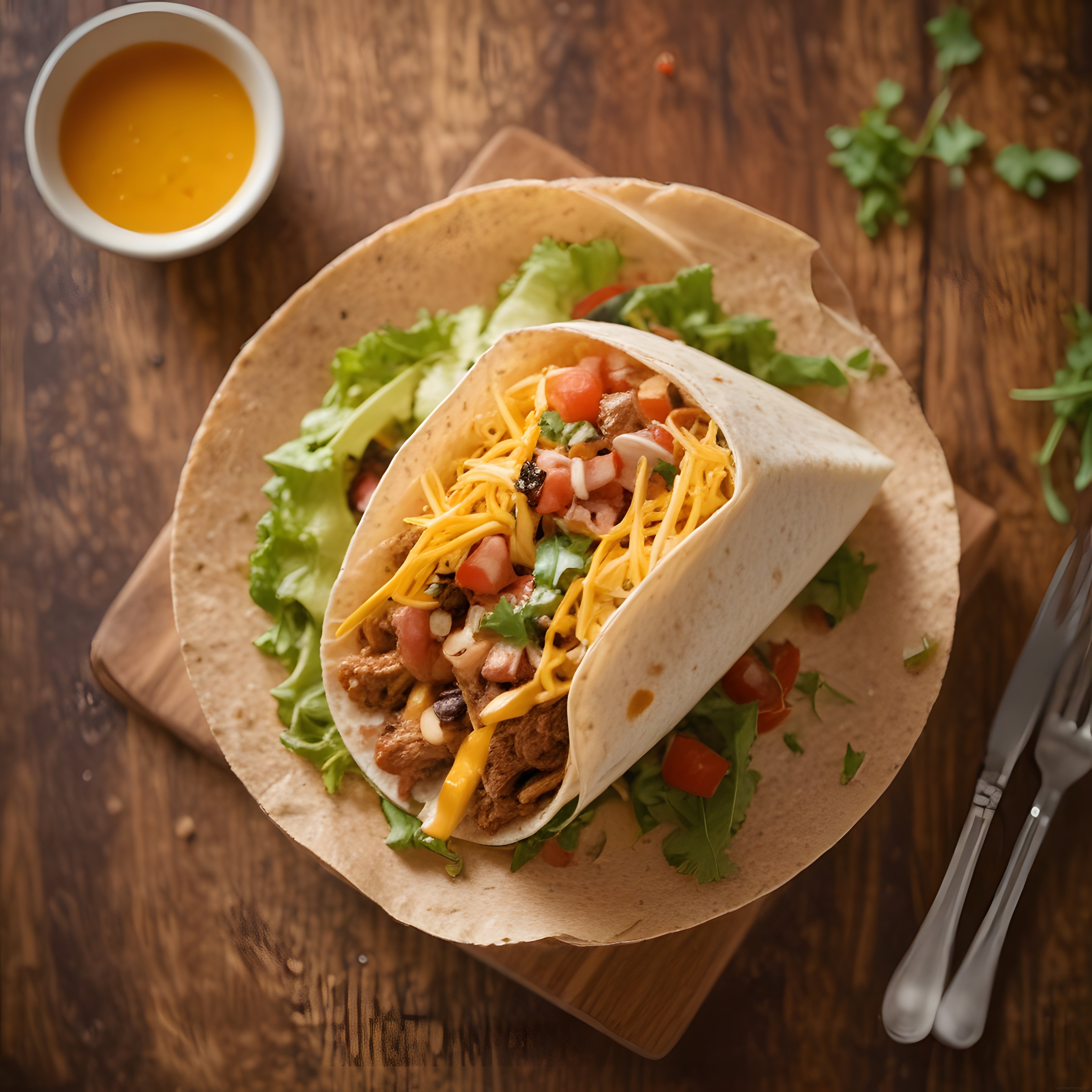 Ahşap Sunum Tahtasında Ev Yapımı Etli Peynirli Burrito ve Sos Sunumu