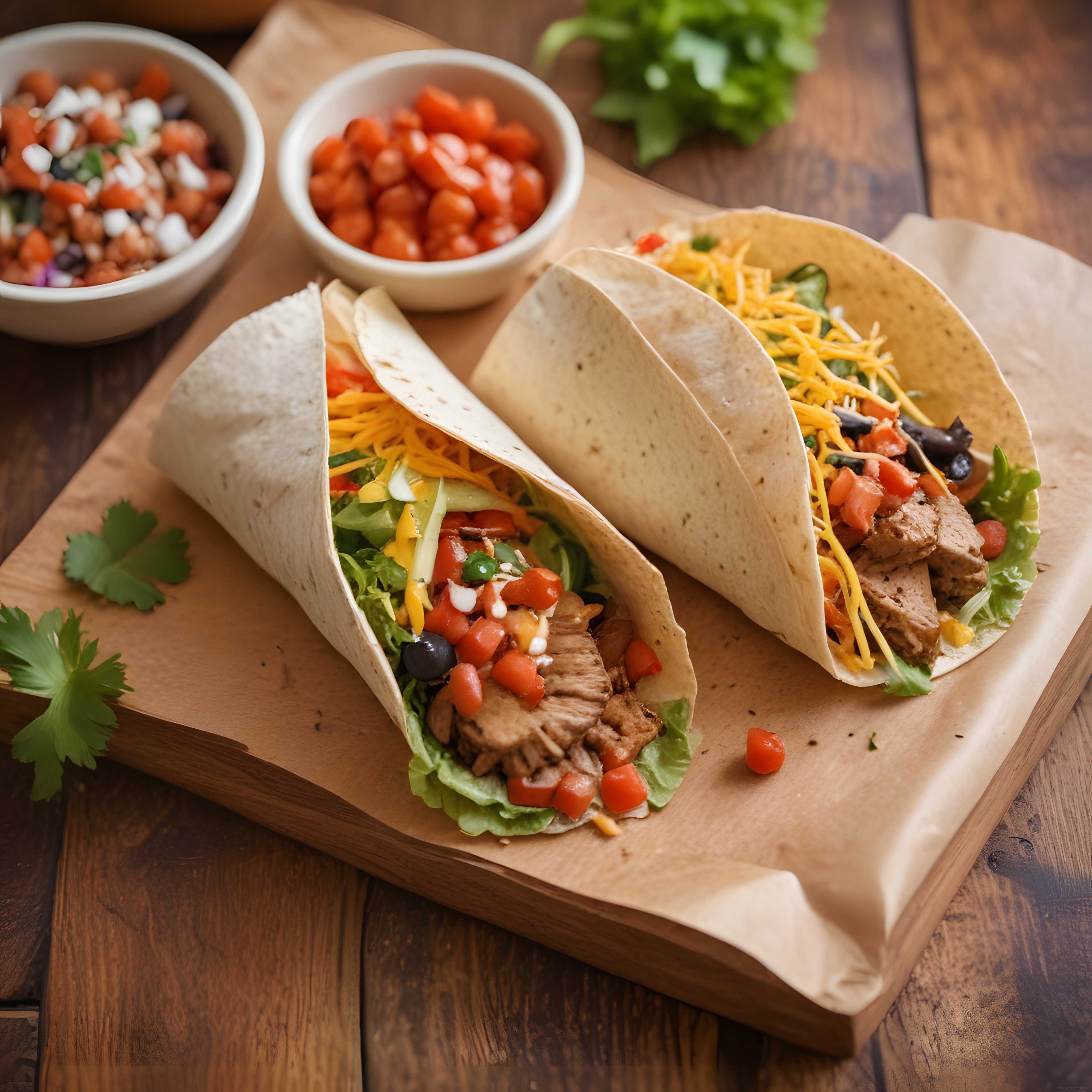Ahşap Sunum Tahtasında Ev Yapımı Etli Taco ve Taze Garnitürler