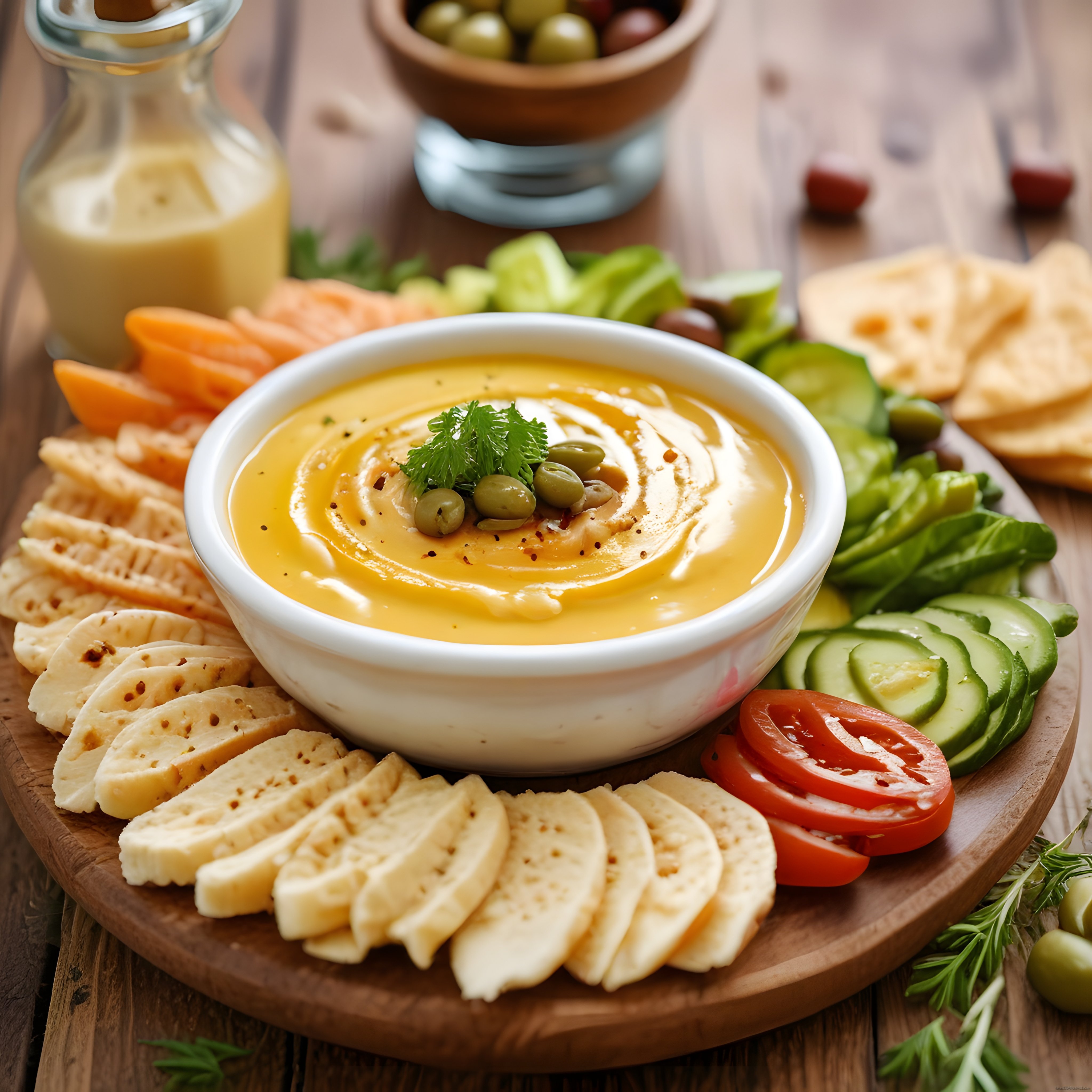 Ahşap Sunum Tahtasında Ev Yapımı Humus ve Peynirli Kahvaltı Sofrası