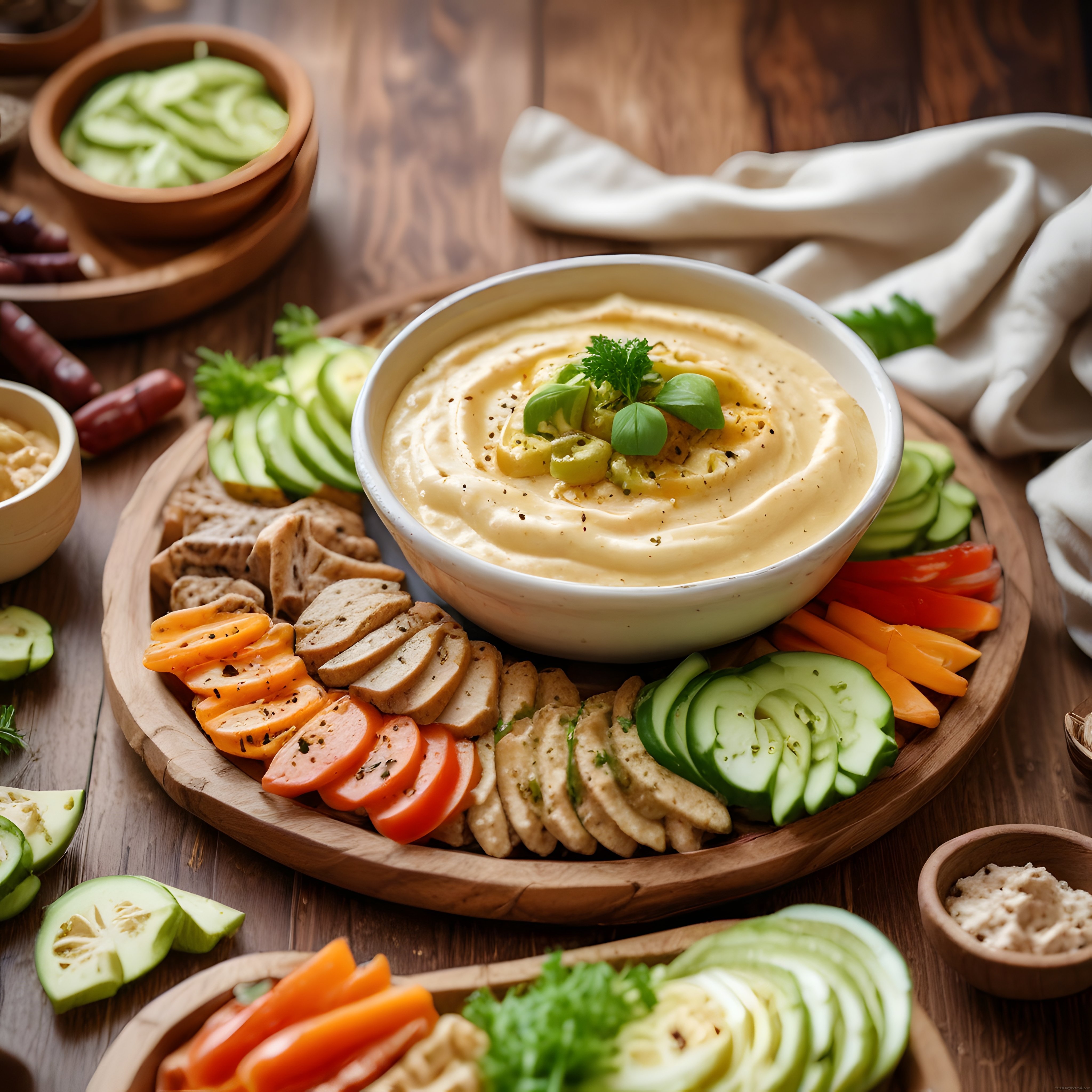 Ahşap Sunum Tahtasında Ev Yapımı Humus ve Renkli Sebze Dilimleri