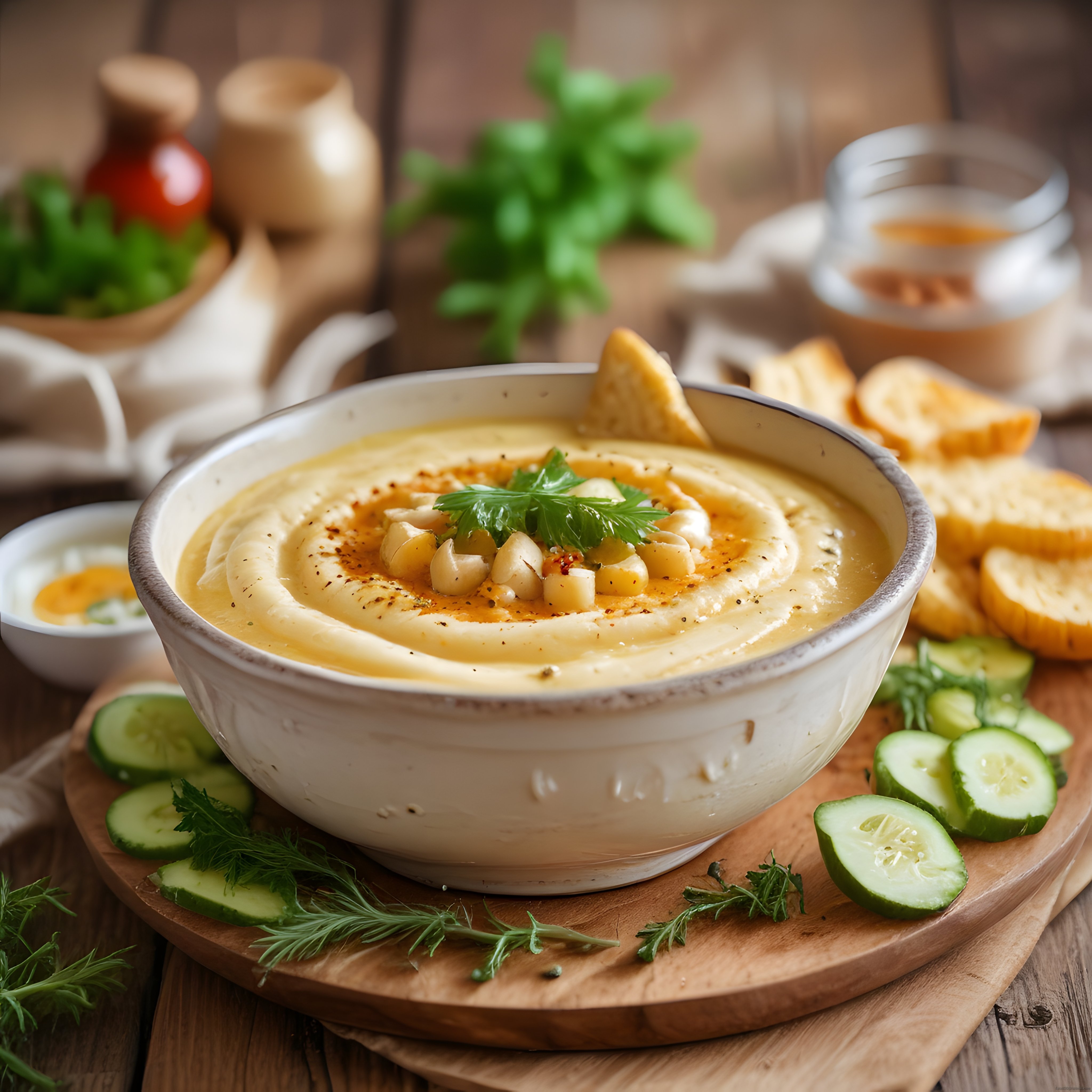 Ahşap Sunum Tahtasında Ev Yapımı Humus ve Salatalıklı Meze Tarifi
