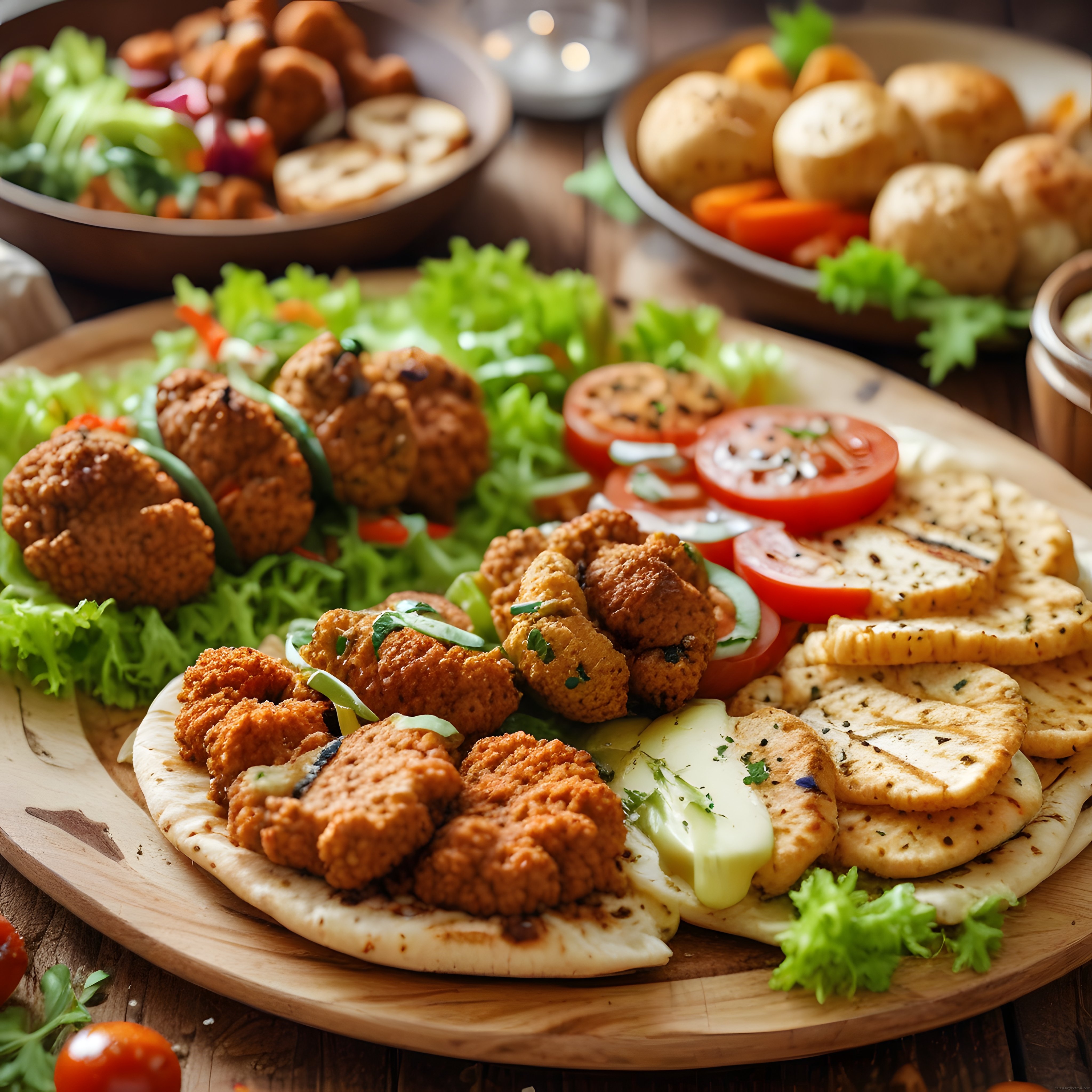Ahşap sunum tahtasında falafel köfte, taze sebzeler ve meze çeşitleri