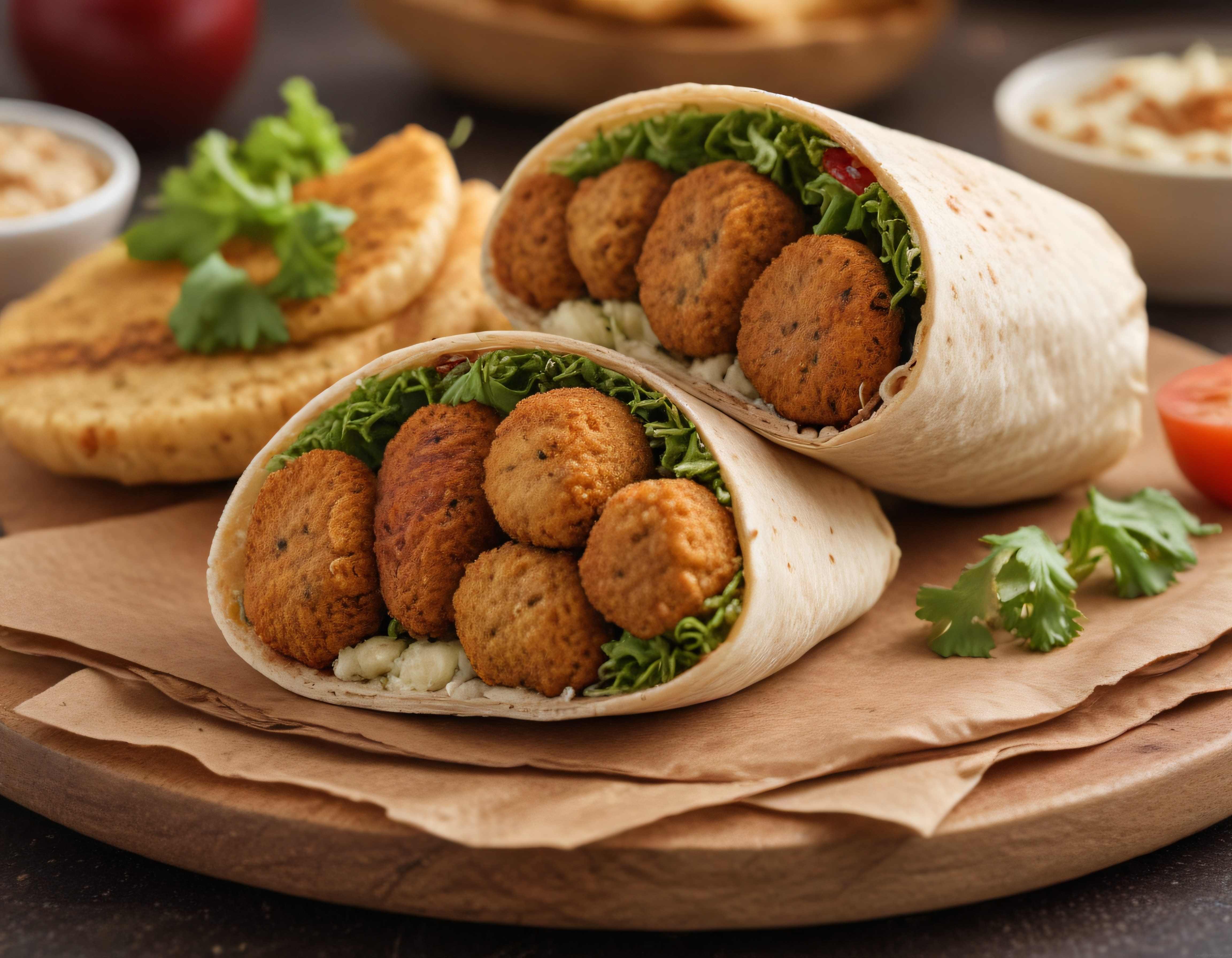 Ahşap Sunum Tahtasında Falafel Köfteli Dürüm ve Humus Sosu Eşliğinde