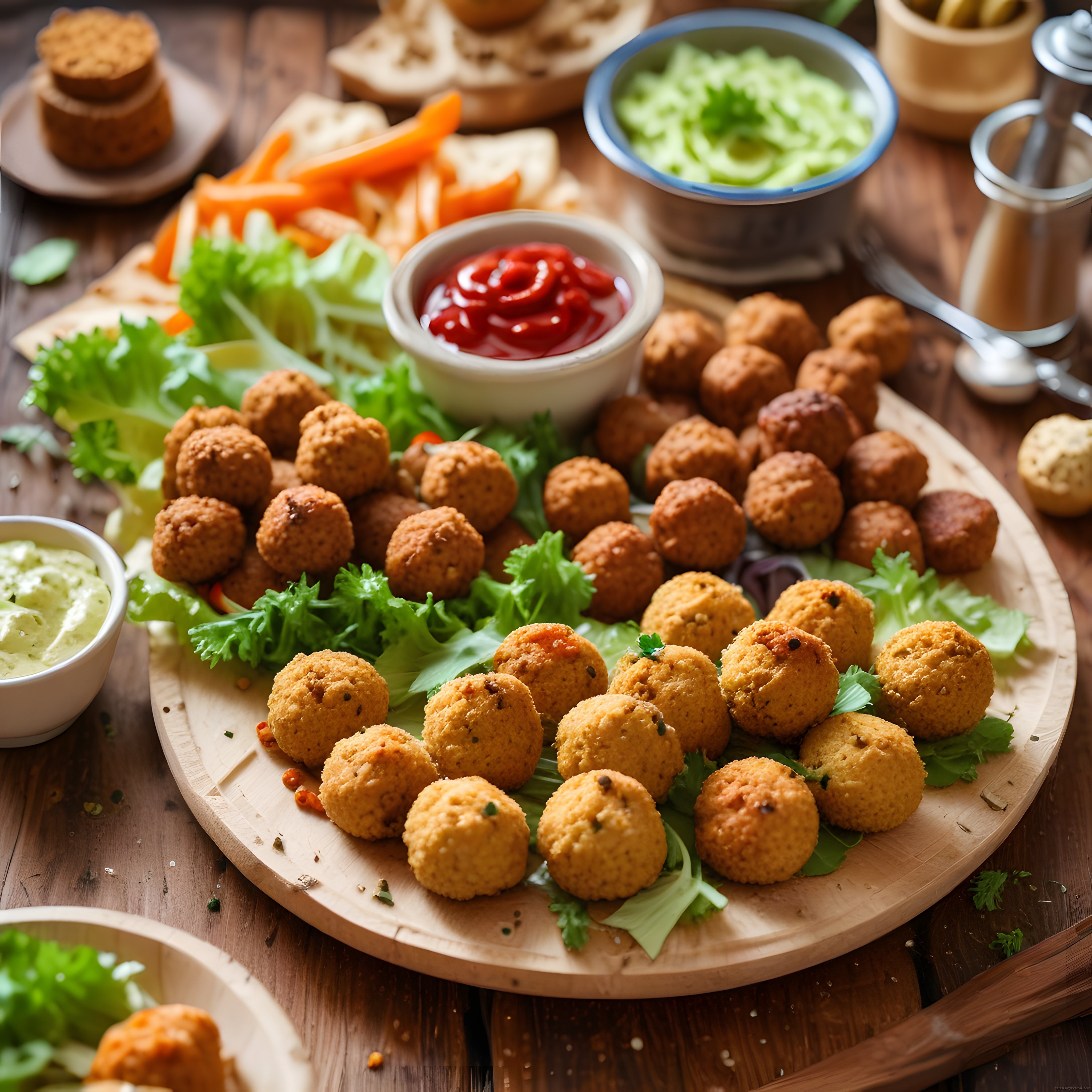 Ahşap Sunum Tahtasında Falafel Topları ve Dip Soslar ile Renkli Meze Tabağı