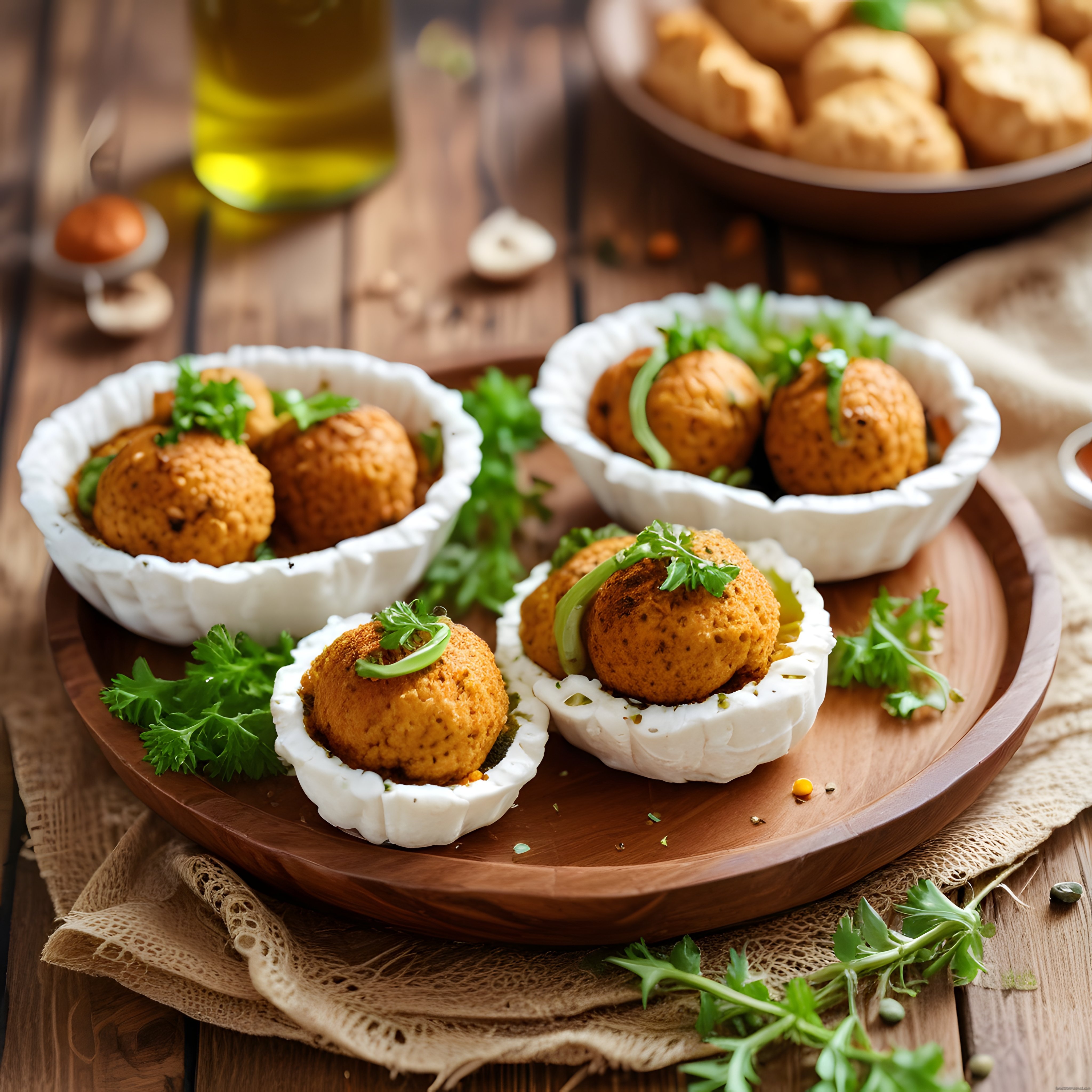 Ahşap Sunum Tahtasında Falafel Topları ve Rustik Mutfak Detayları