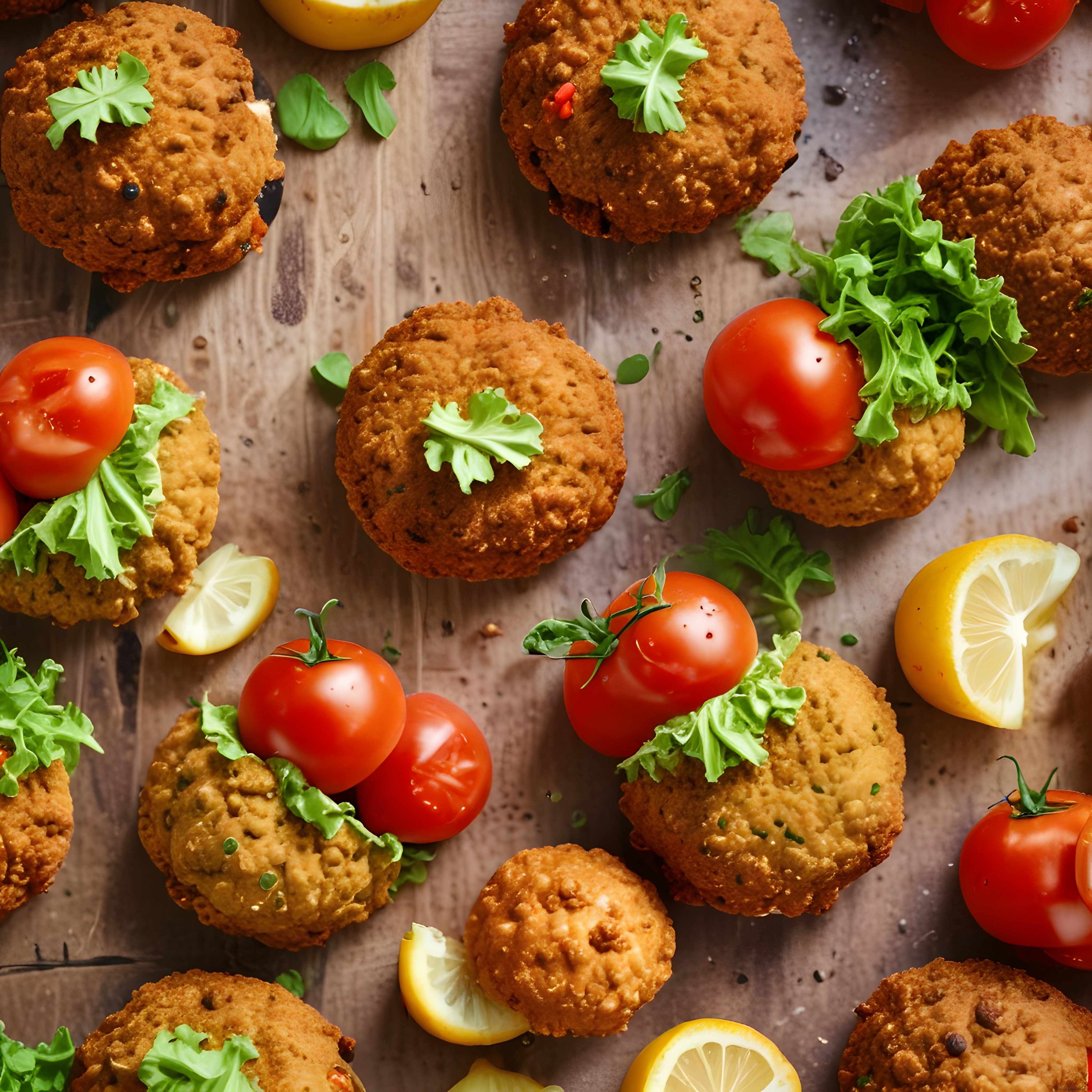 Ahşap Sunum Tahtasında Falafel ve Taze Sebzelerle Renkli Lezzet Kompozisyonu