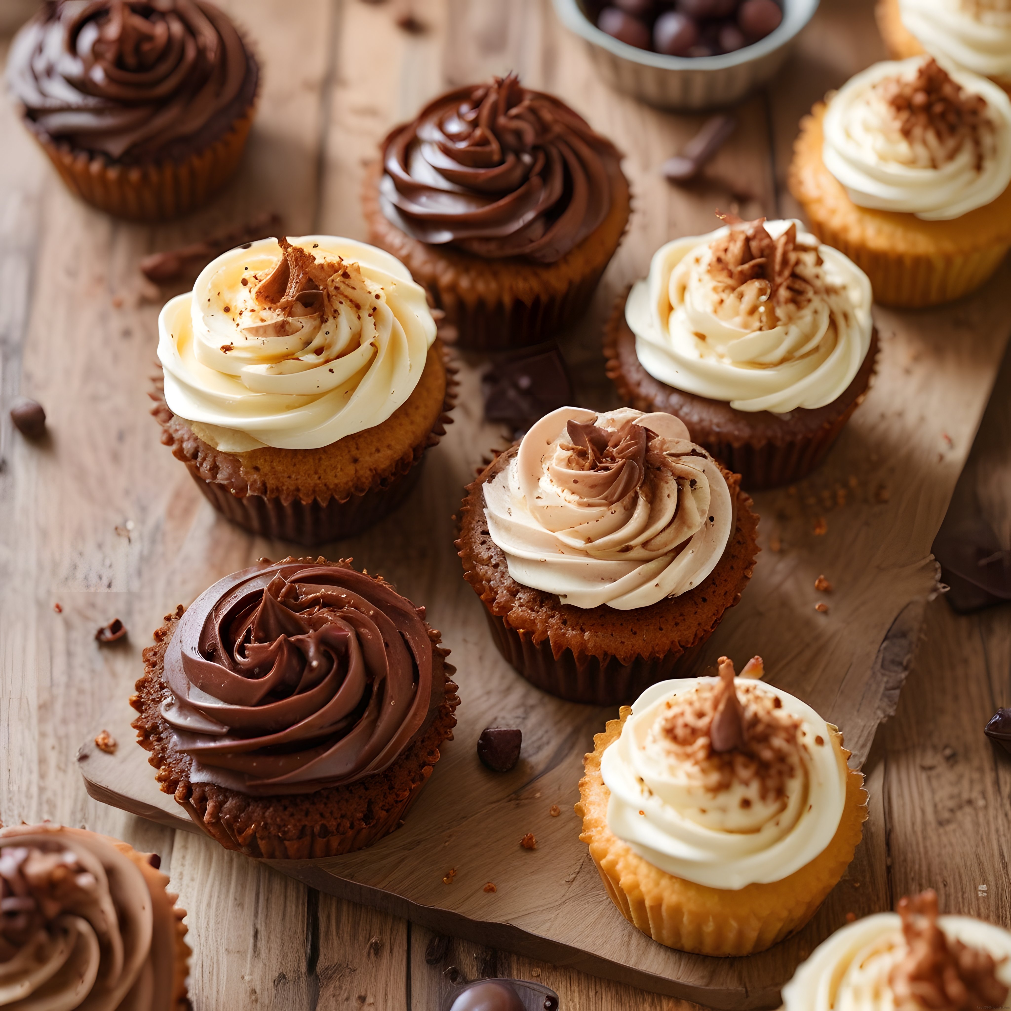 Ahşap Sunum Tahtasında Farklı Kremalı Cupcake Çeşitleri ve Sunum
