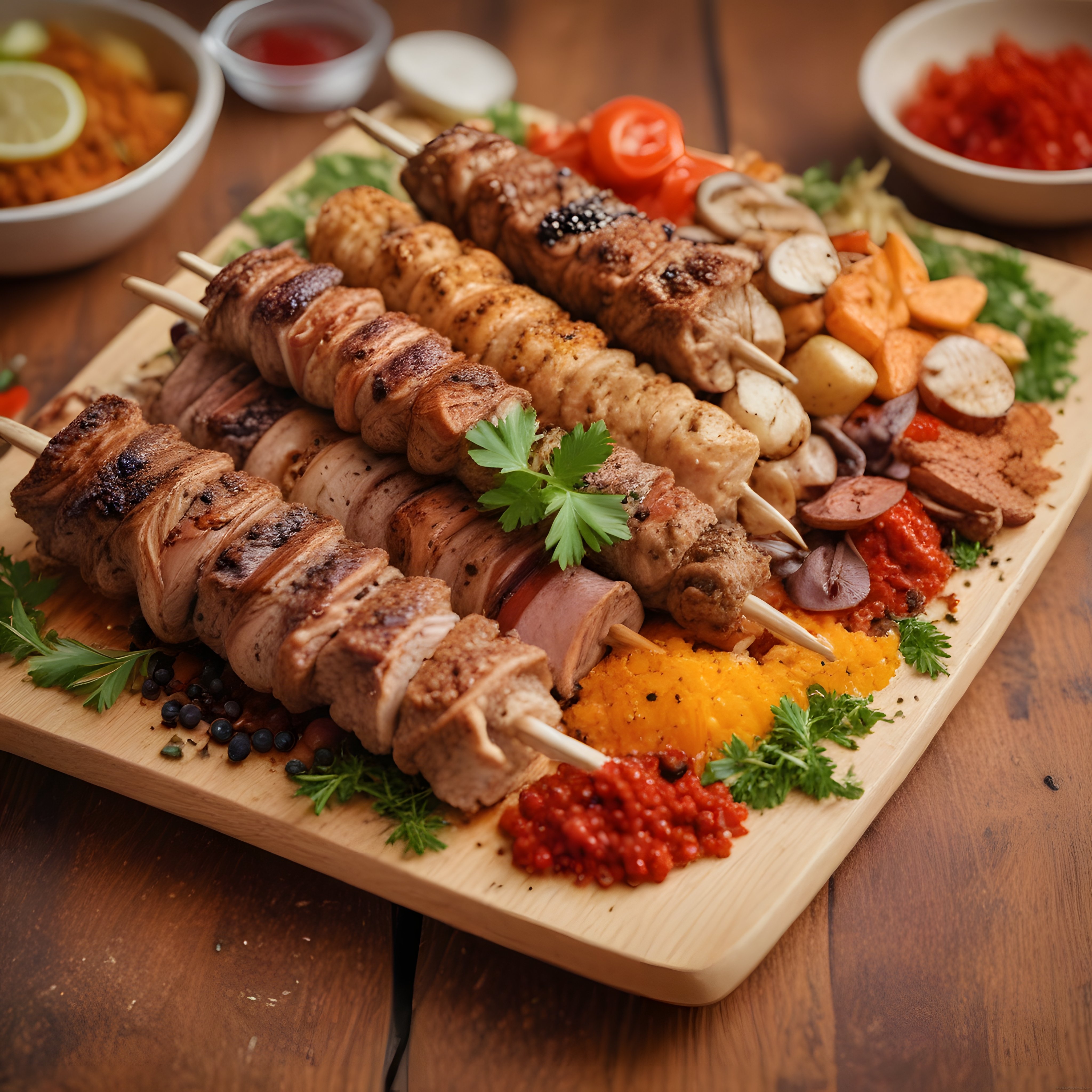 Ahşap Sunum Tahtasında Farklı Şiş Kebap ve Izgara Et Çeşitleri