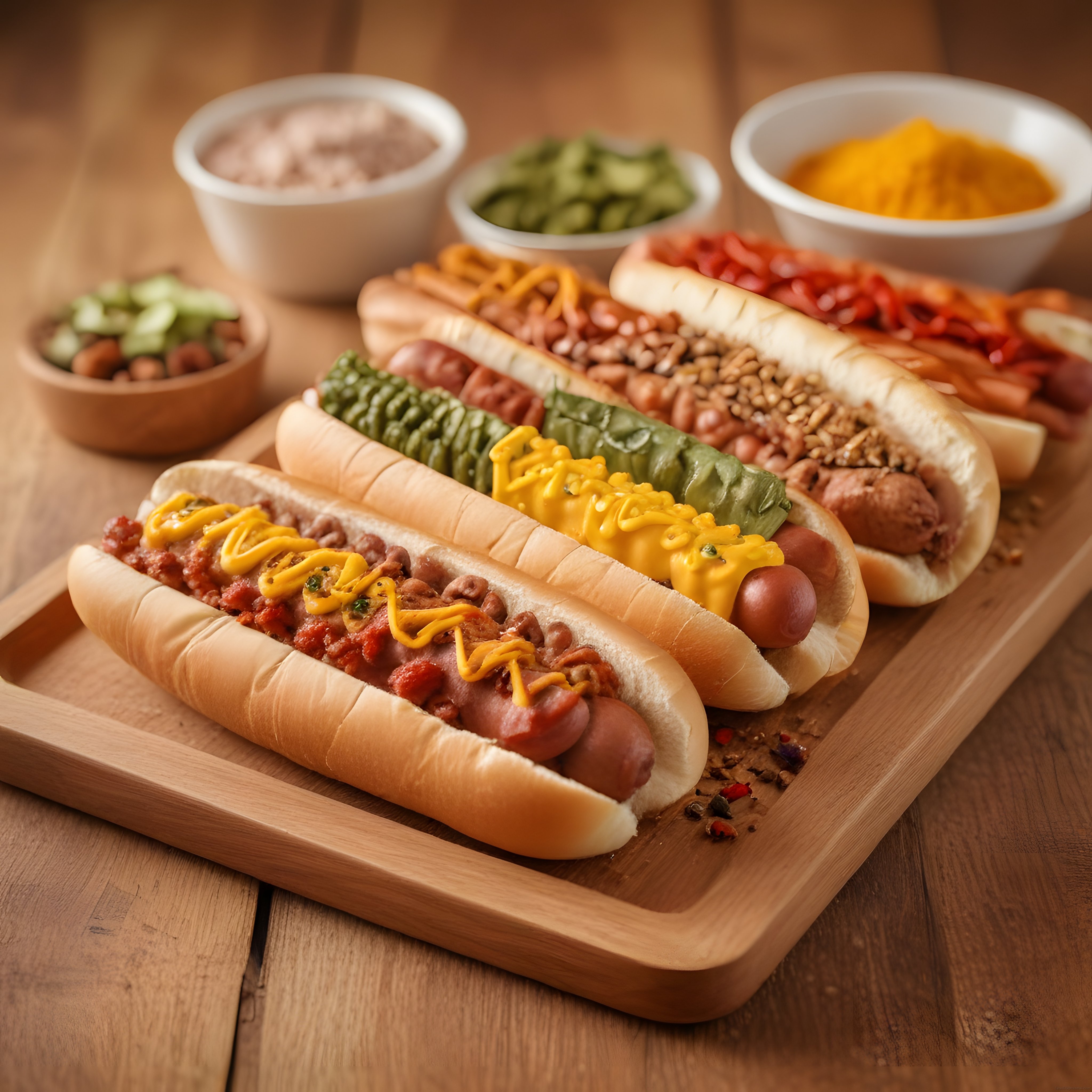 Ahşap Sunum Tahtasında Farklı Soslarla Hazırlanmış Lezzetli Hot Dog Çeşitleri