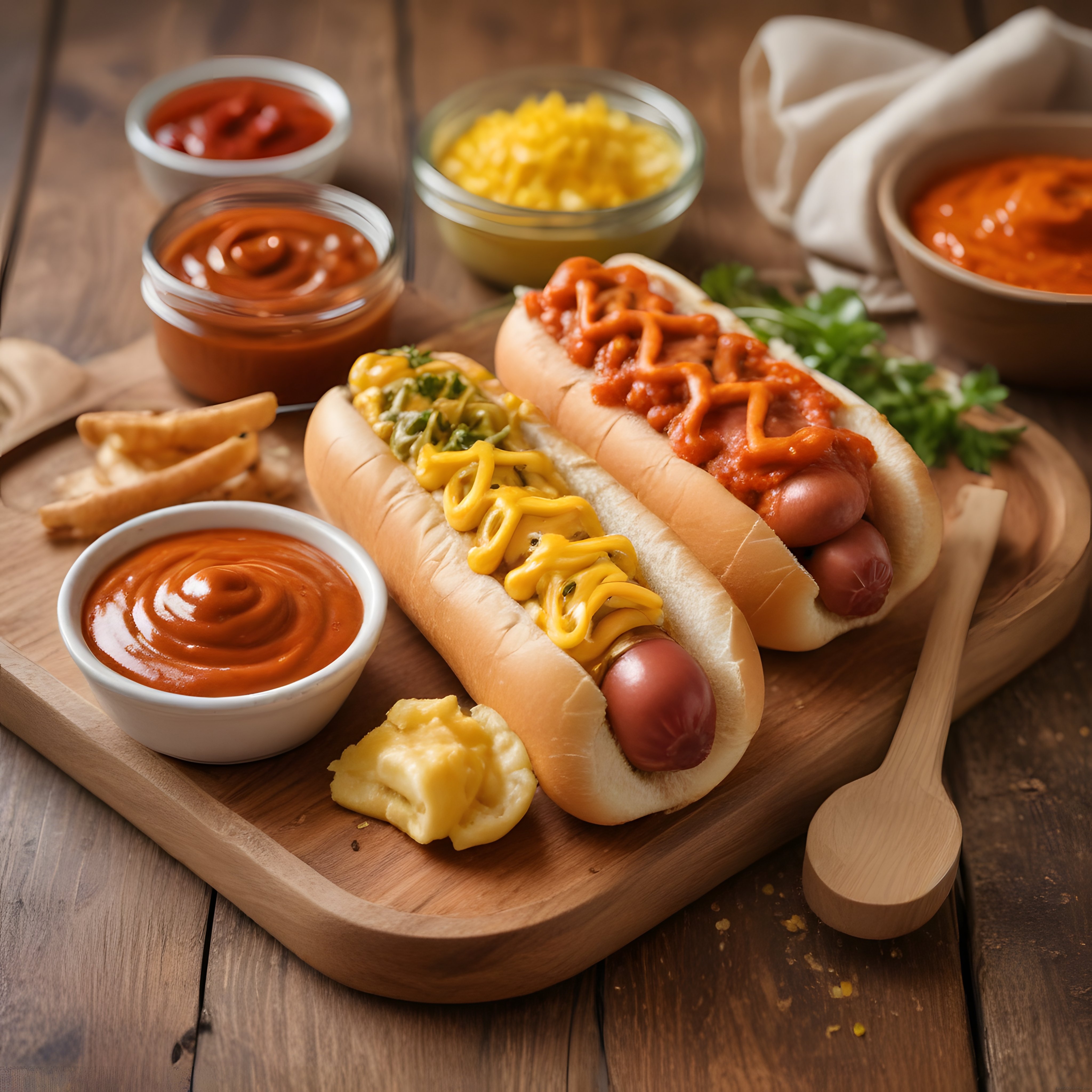 Ahşap Sunum Tahtasında Farklı Soslarla Süslenmiş Lezzetli Hot Dog Çeşitleri