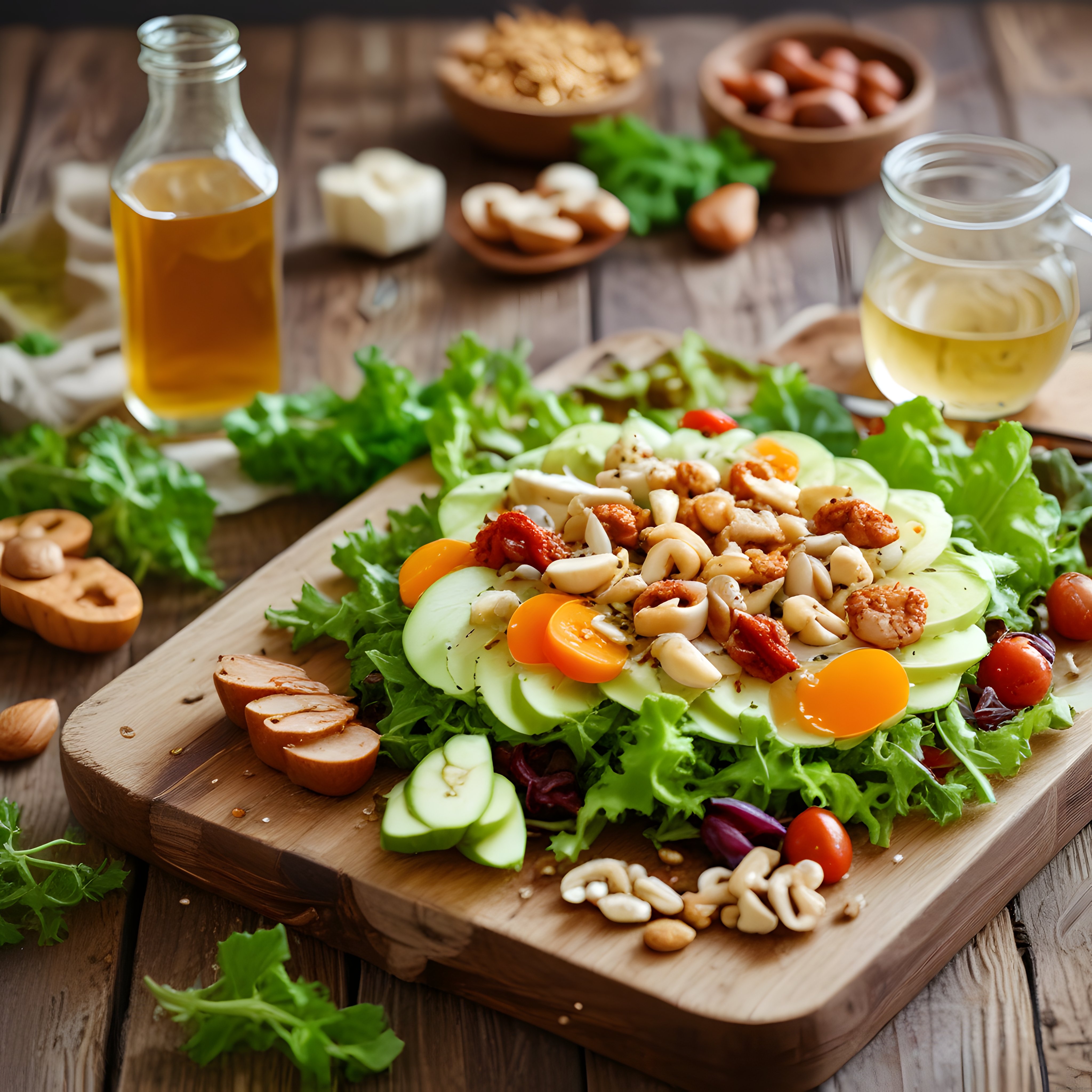 Ahşap Sunum Tahtasında Fındık ve Peynirli Bol Yeşillikli Gurme Salata