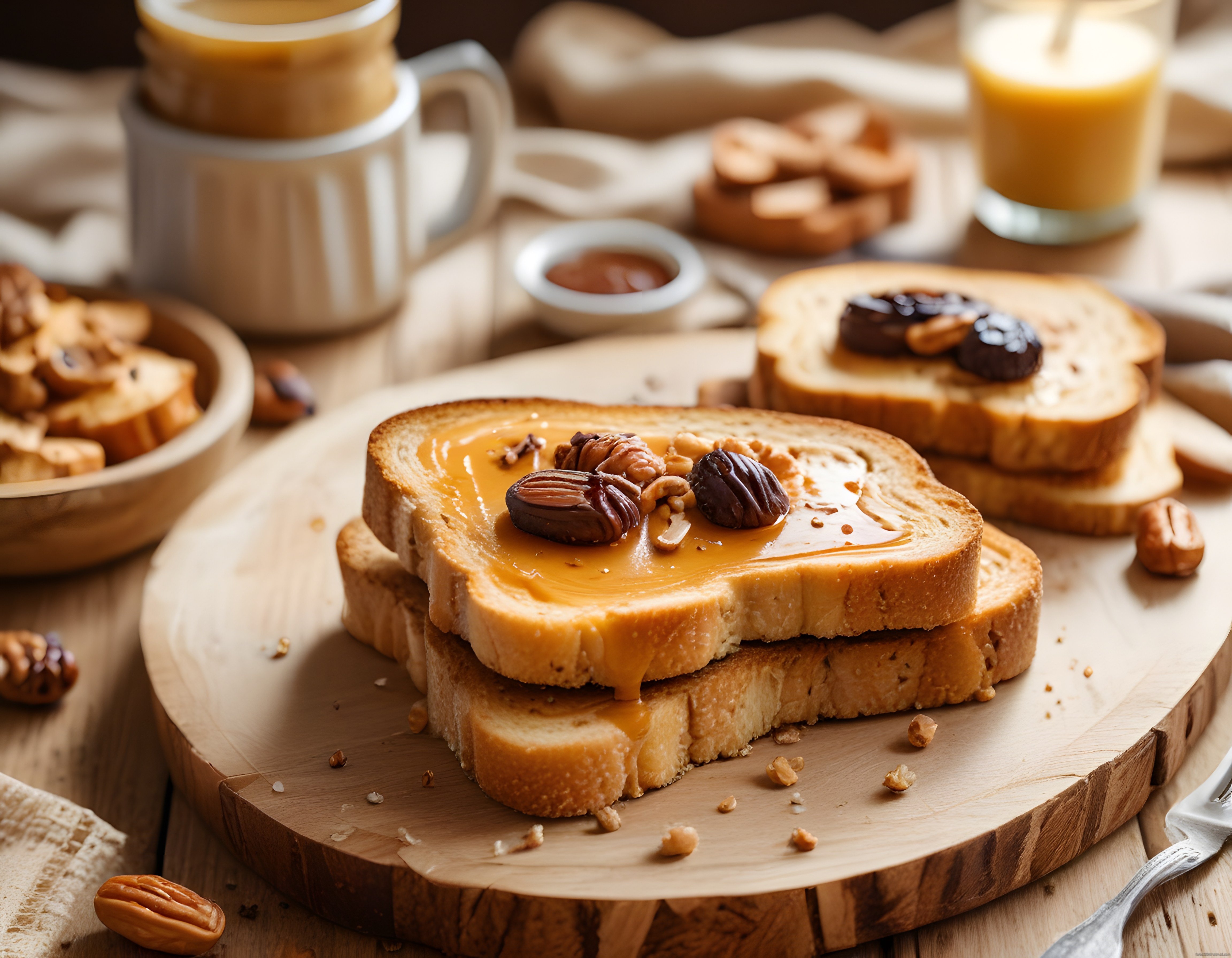 Ahşap Sunum Tahtasında Fıstık Ezmeli Tost ve Pekan Cevizli Sıcacık Kahvaltı