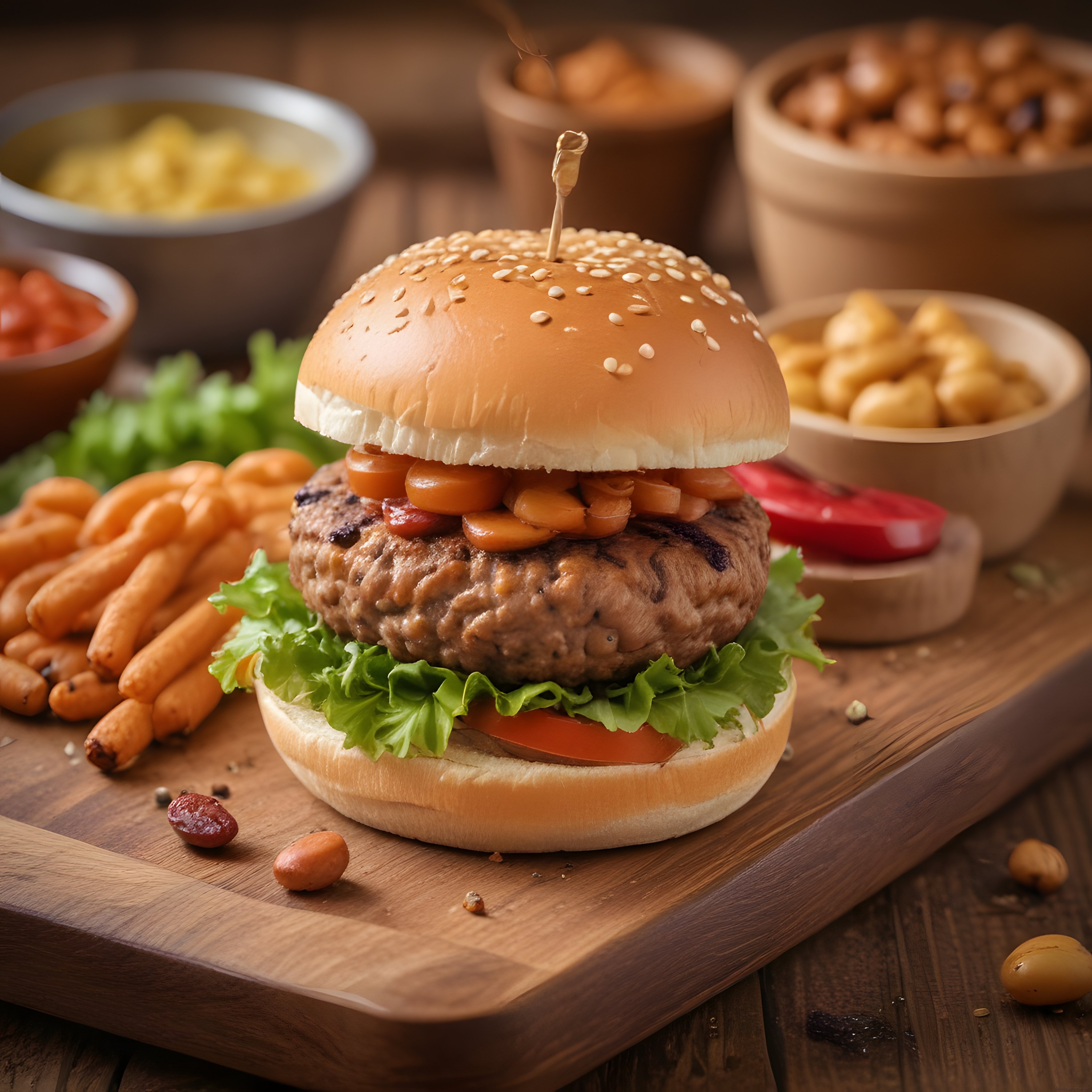 Ahşap sunum tahtasında fıstık ve kekikli özel soslu hamburger menüsü