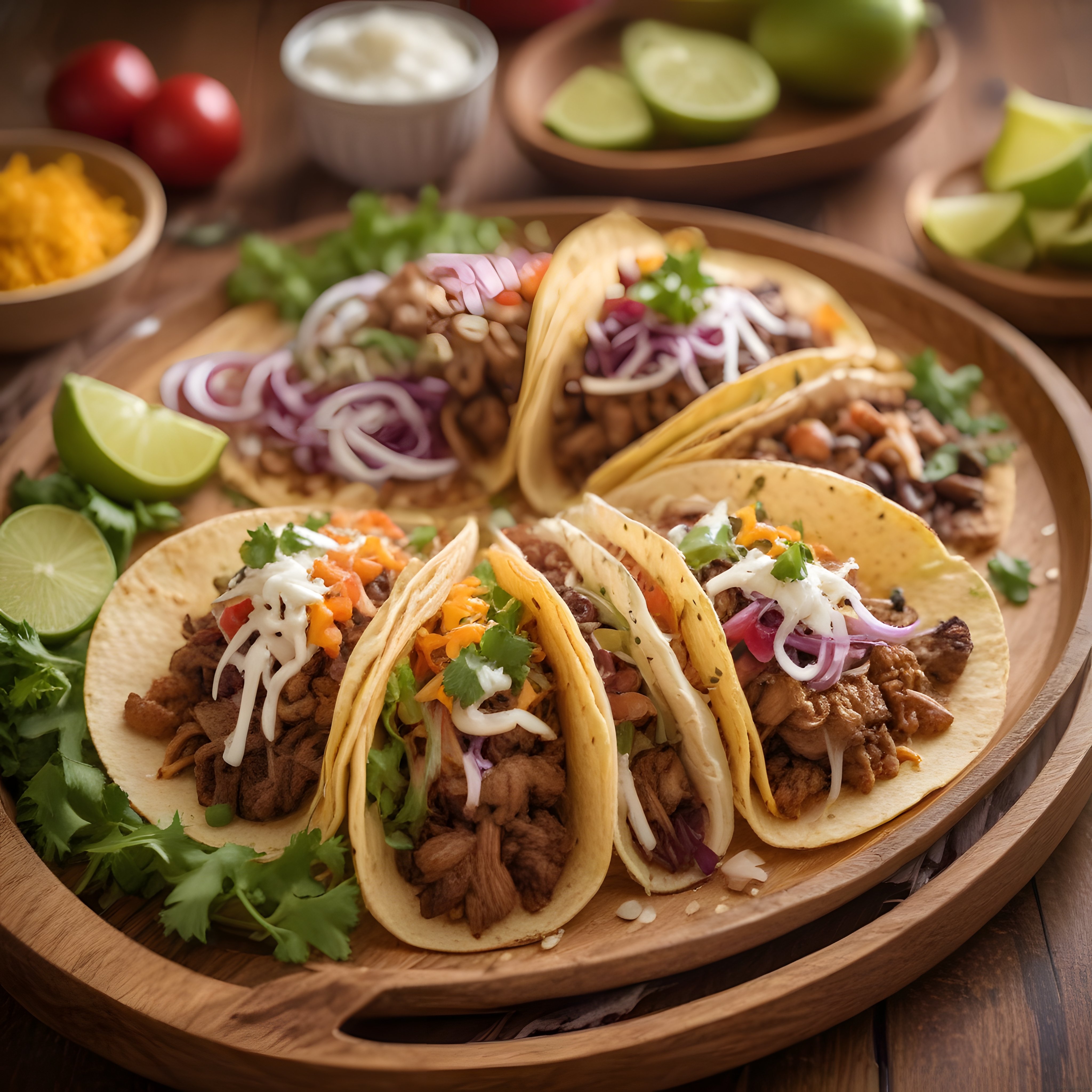 Ahşap sunum tahtasında garnitürlü Meksika taco'ları ve taze limon dilimleri