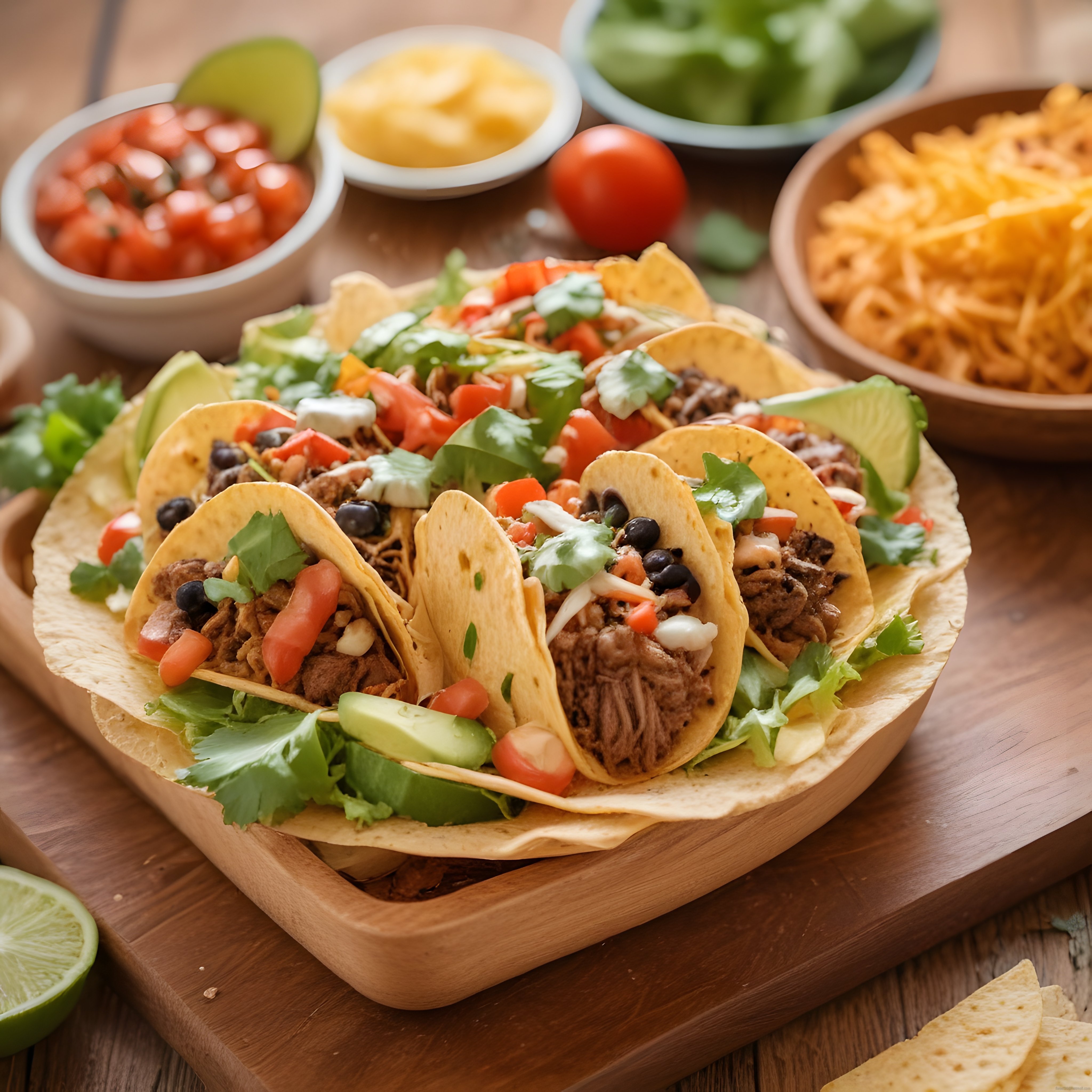 Ahşap Sunum Tahtasında Garnürlü Meksika Tacosu, Nachos ve Taze Soslar
