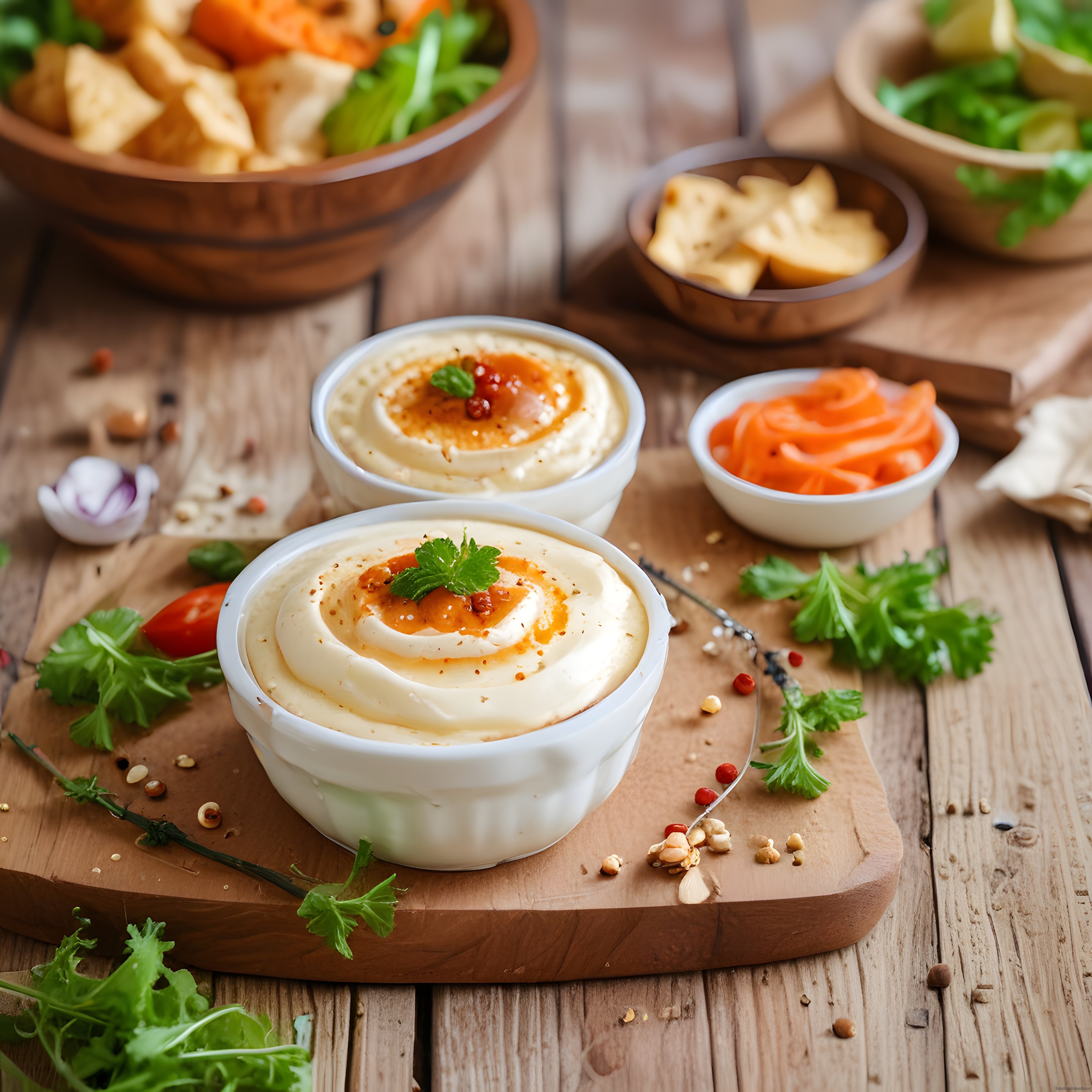 Ahşap Sunum Tahtasında Geleneksel Humus Mezesi, Taze Sebzeler ve Ekmek