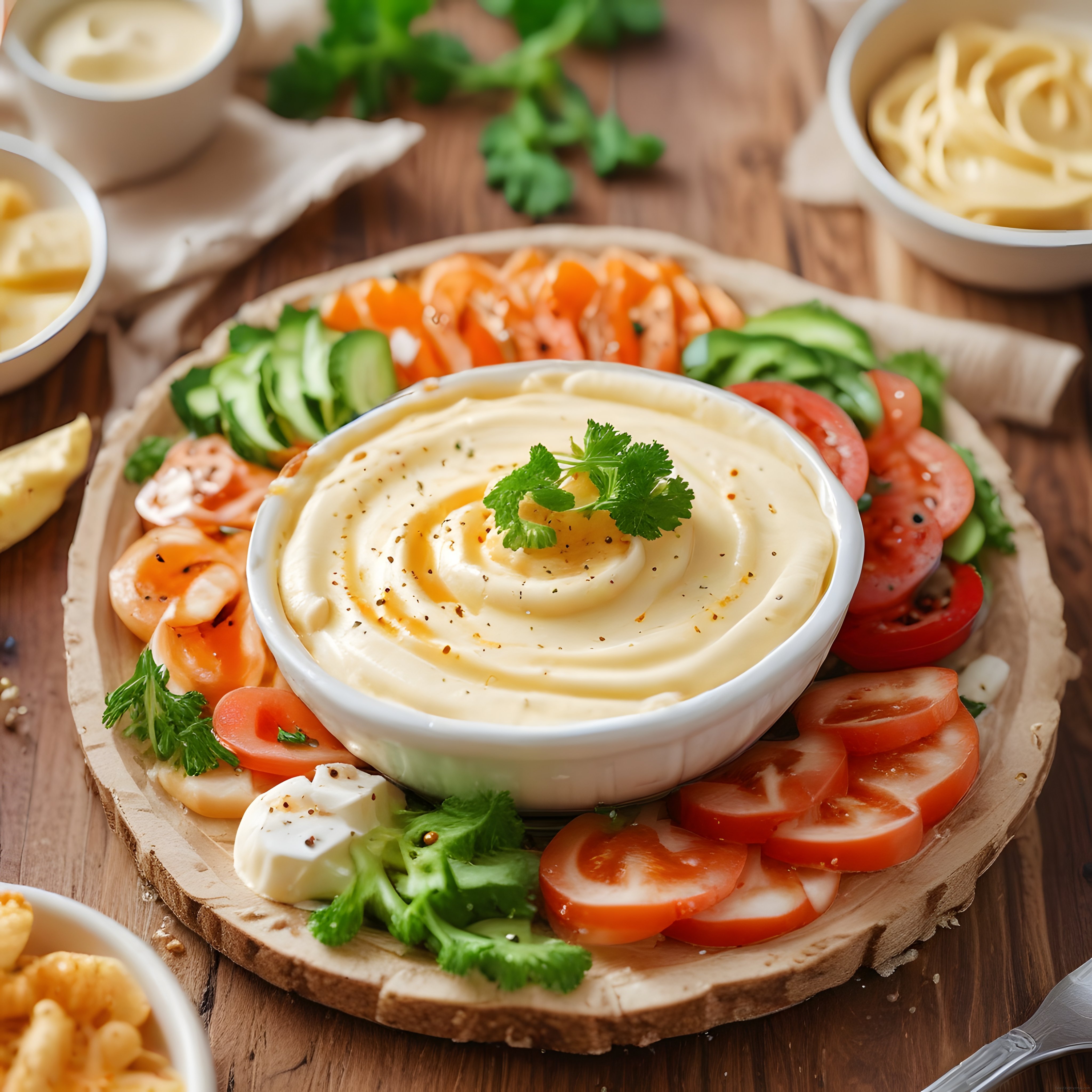 Ahşap Sunum Tahtasında Geleneksel Humus ve Taze Sebze Dilimleri
