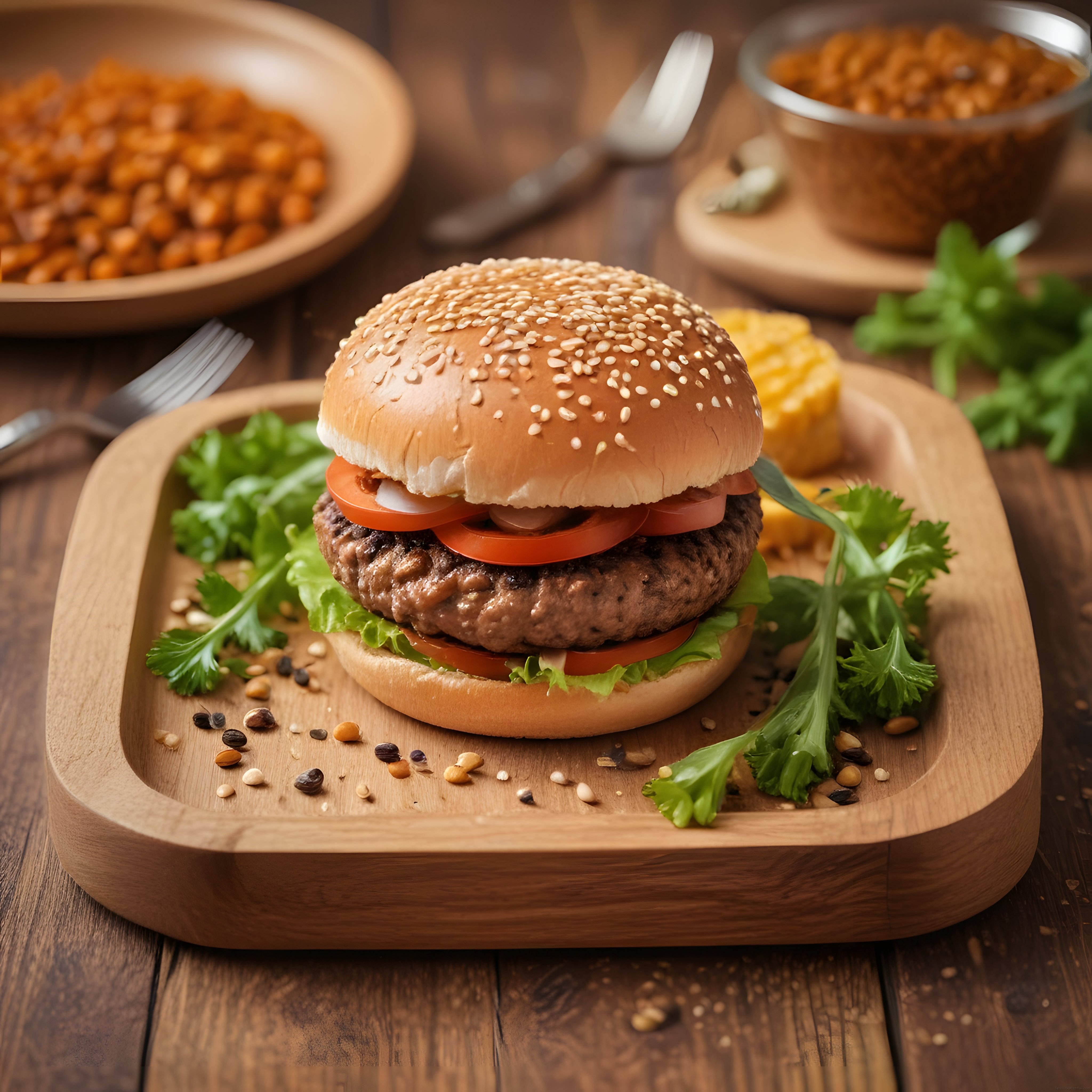 Ahşap Sunum Tahtasında Gourmet Susamlı Burger ve Taze Yeşillikler