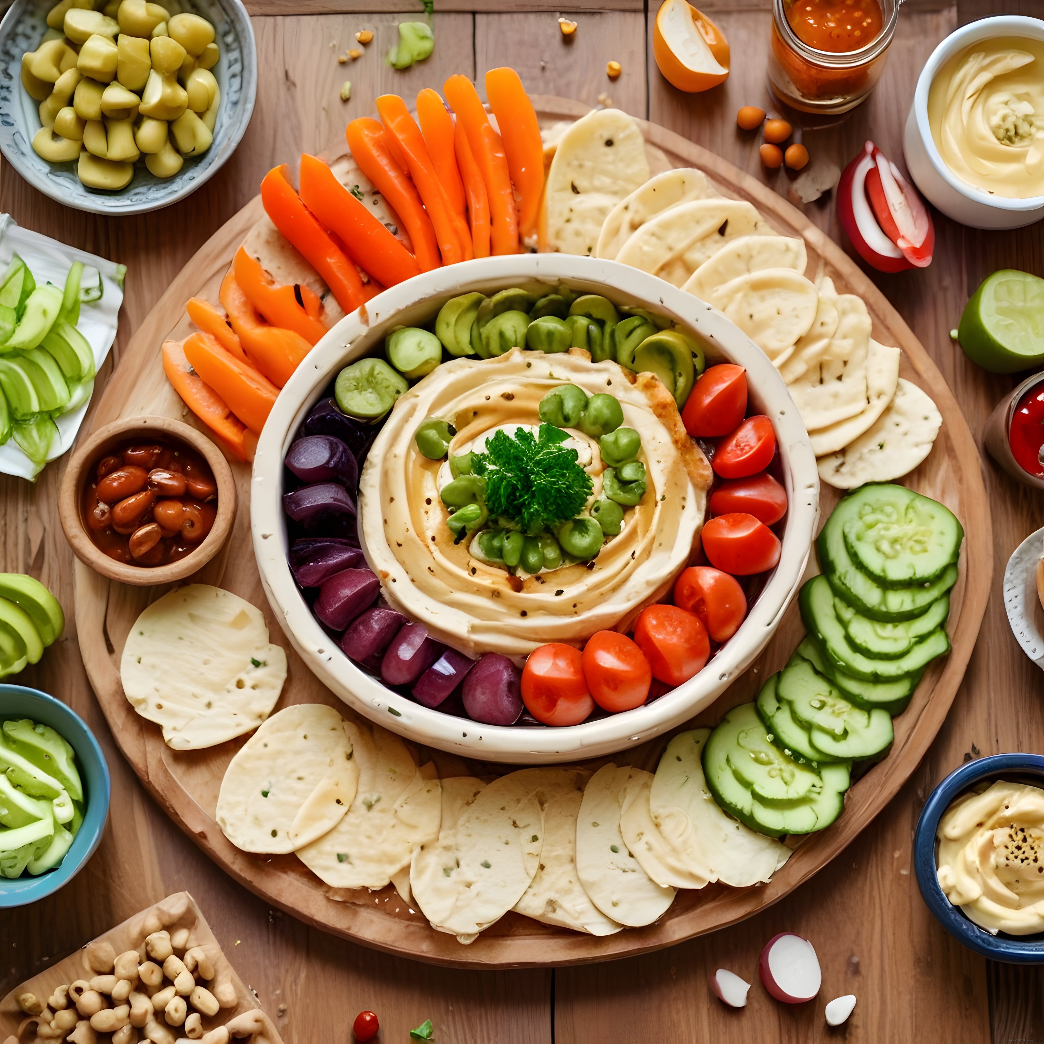 Ahşap Sunum Tahtasında Göz Alıcı Humus ve Taze Sebze Düzenlemesi