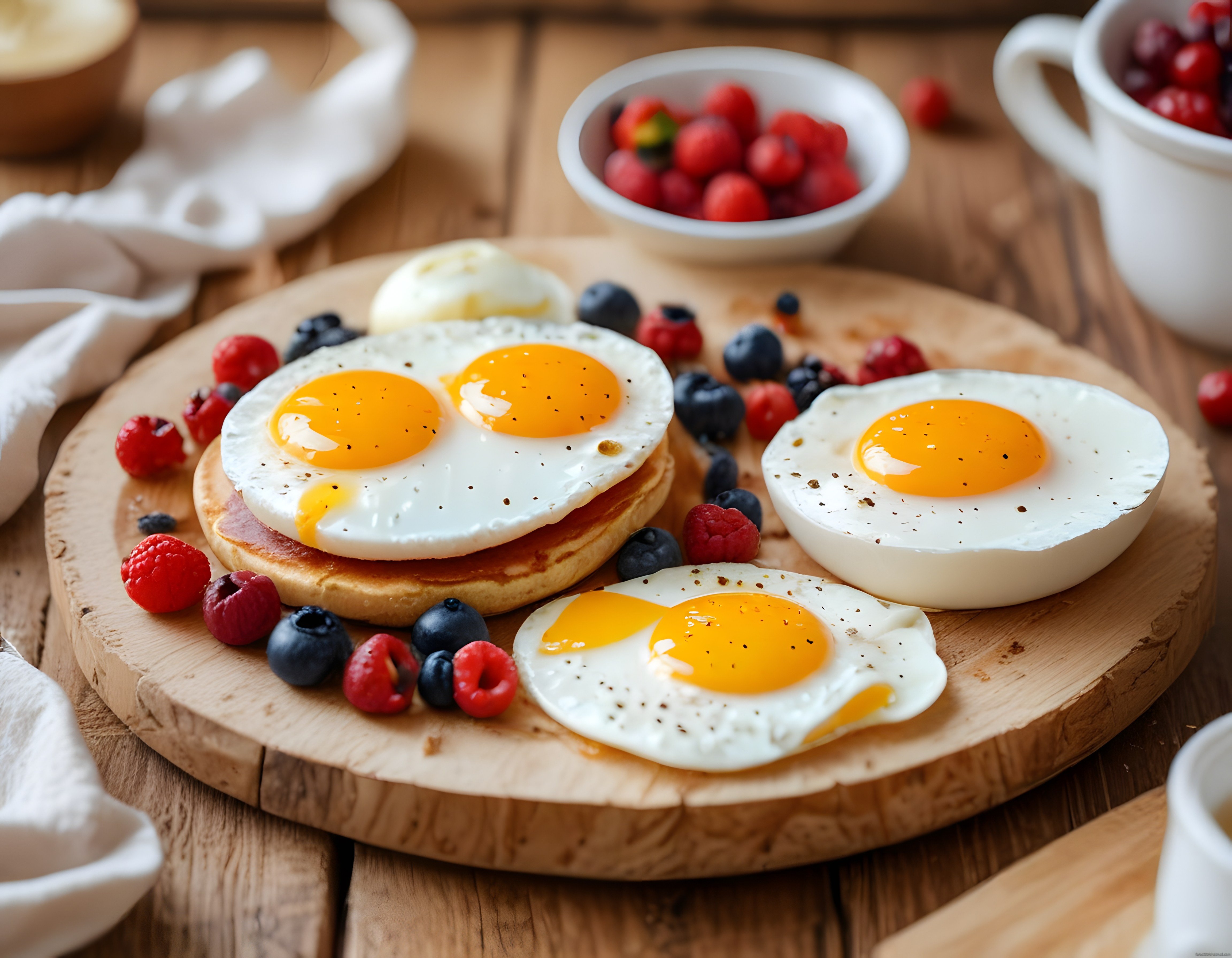 Ahşap Sunum Tahtasında Göz Yumurtalı Pancake ve Orman Meyveli Kahvaltı