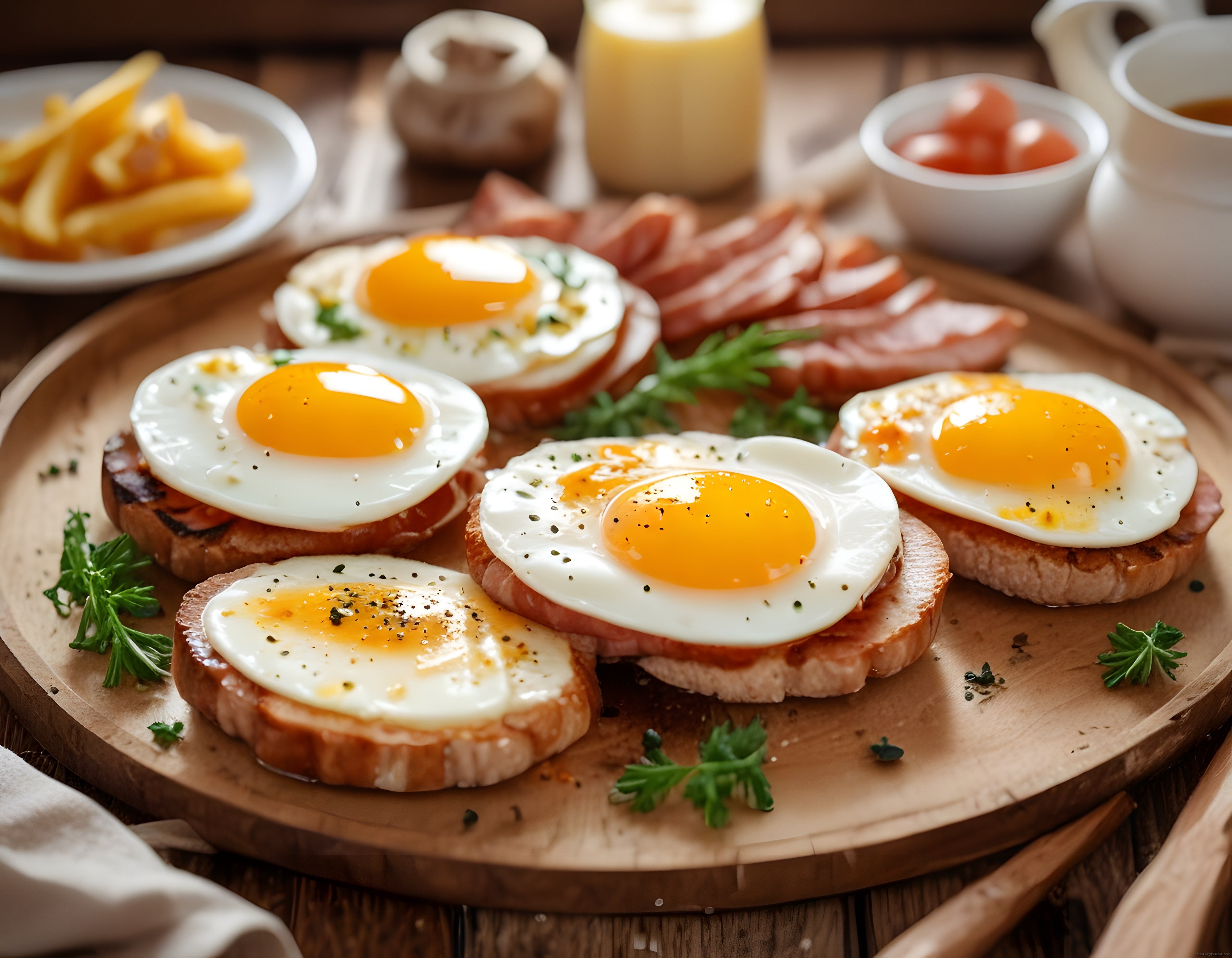 Ahşap Sunum Tahtasında Göz Yumurtalı ve Pastırmalı Ekmek Dilimleri