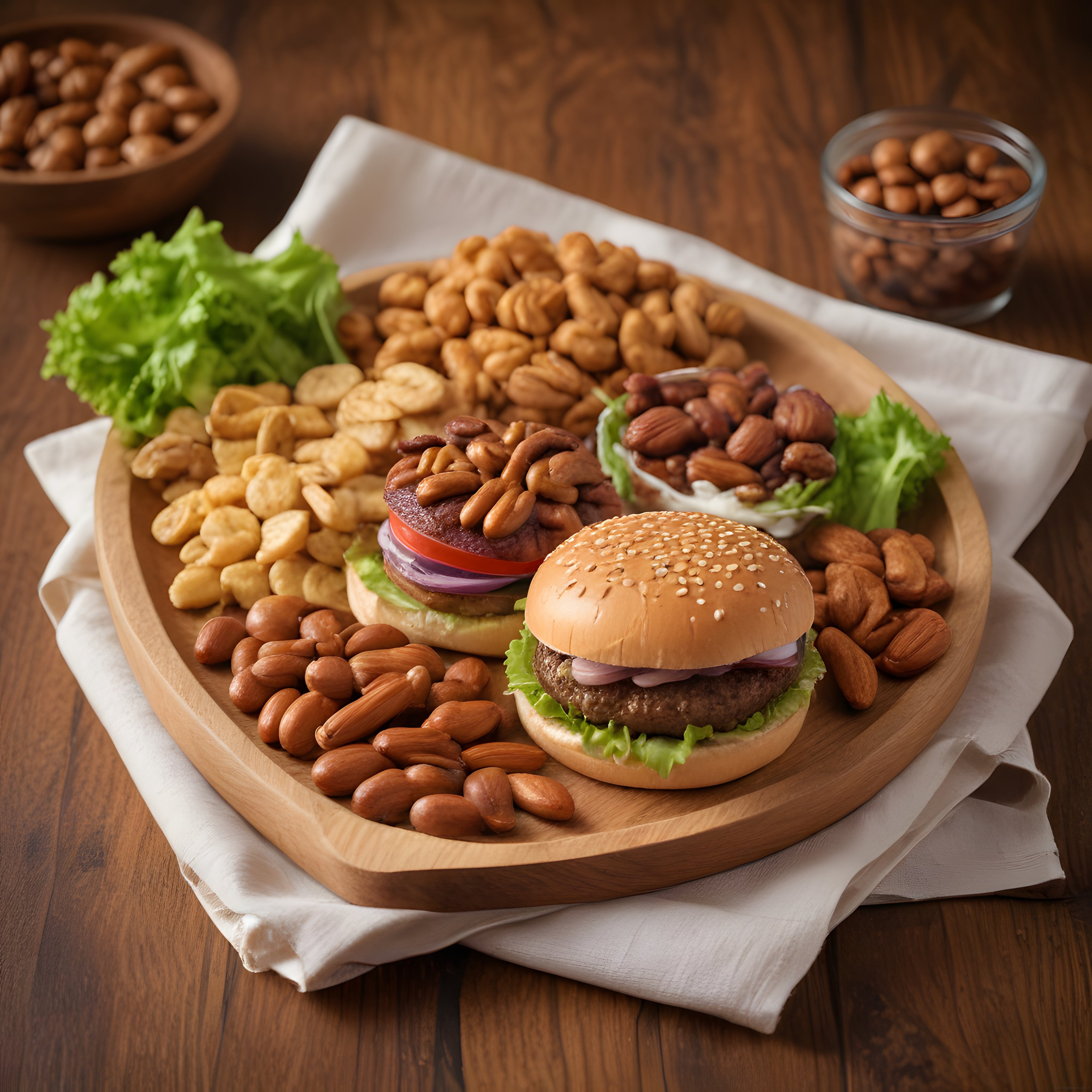 Ahşap sunum tahtasında hamburger ve kuruyemişlerle hazırlanmış atıştırmalık tabağı