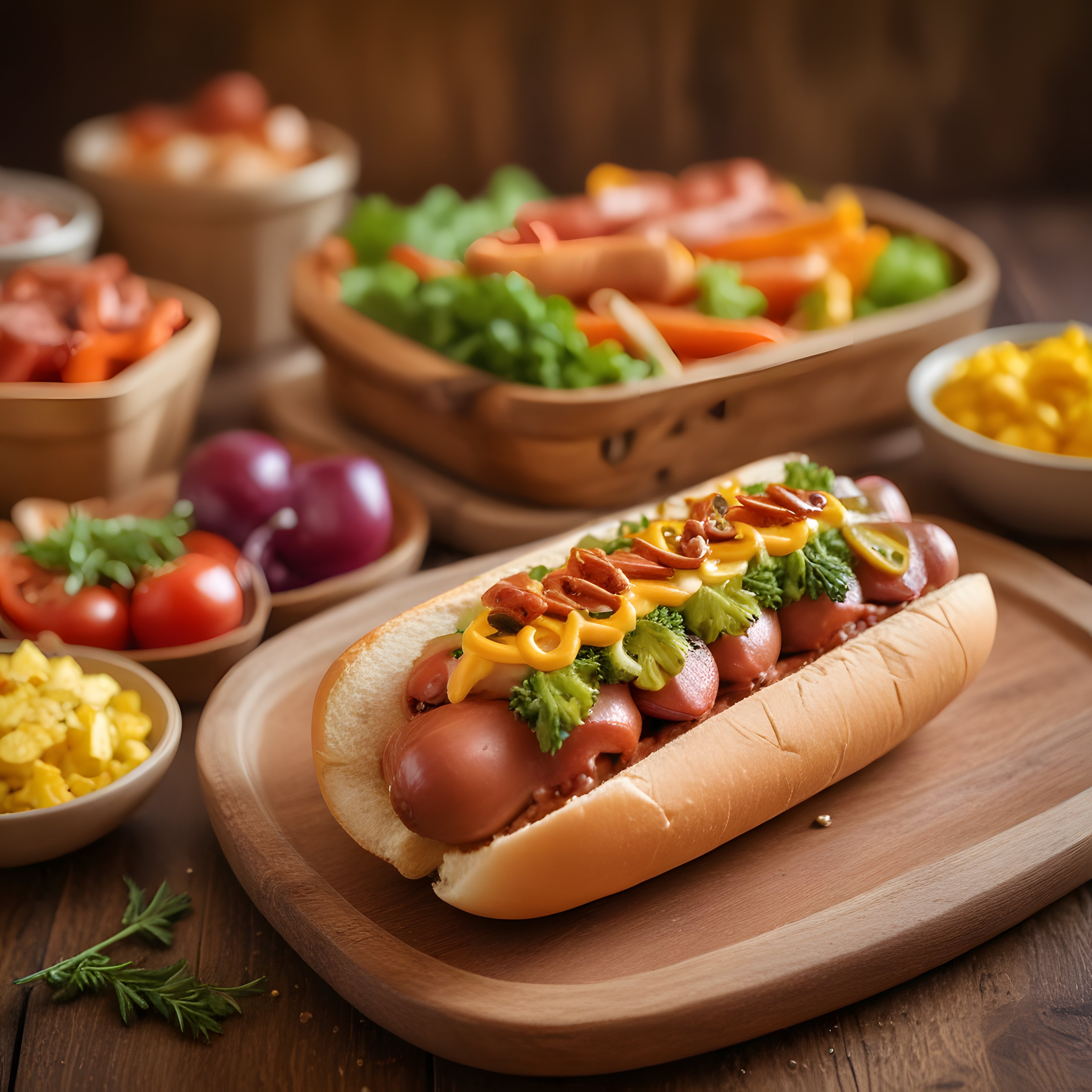 Ahşap Sunum Tahtasında Hardal Soslu, Kıtır Soğanlı ve Marullu Gourmet Sosisli