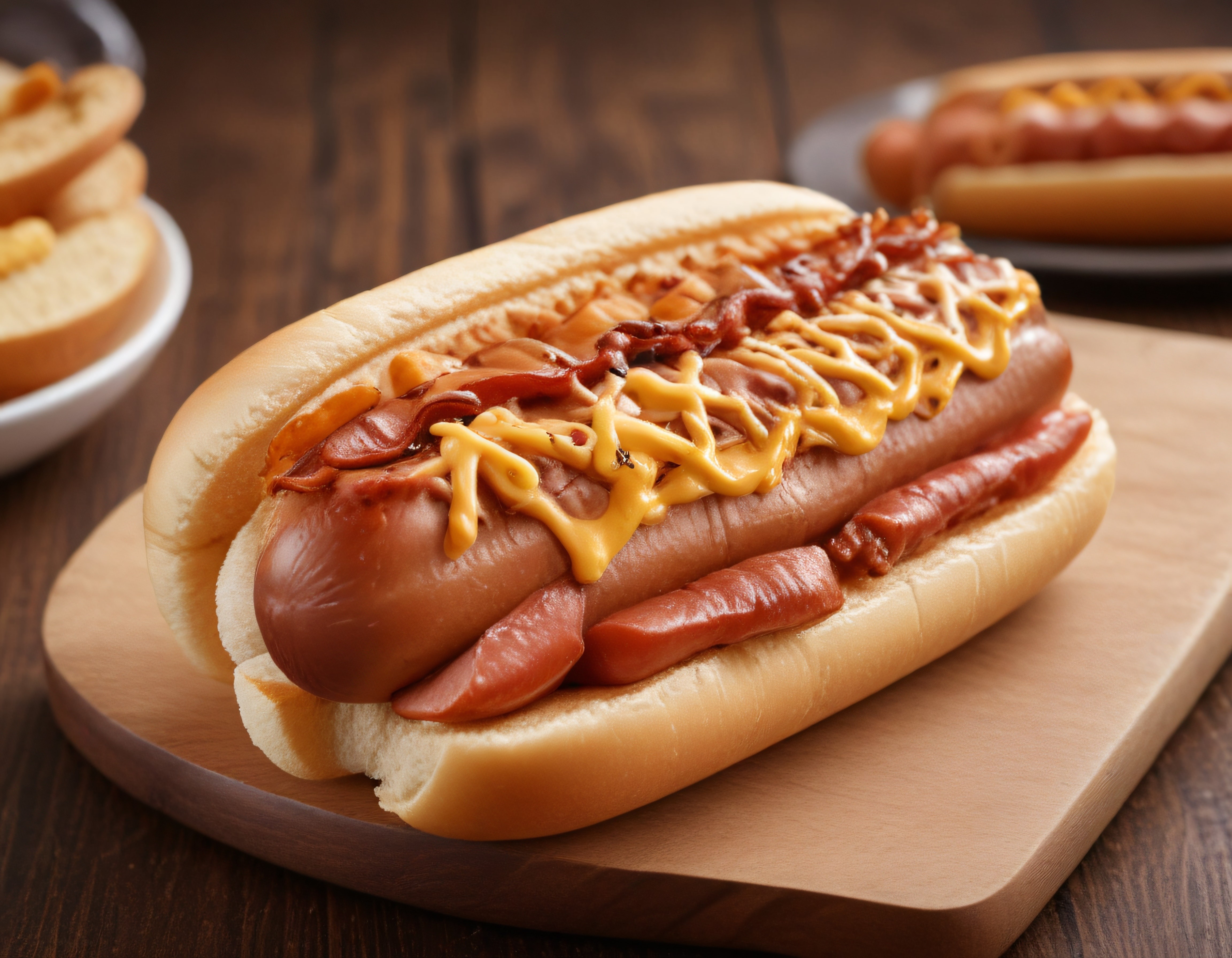 Ahşap Sunum Tahtasında Hardal ve Karamelize Soğanlı Gourmet Hotdog Lezzeti