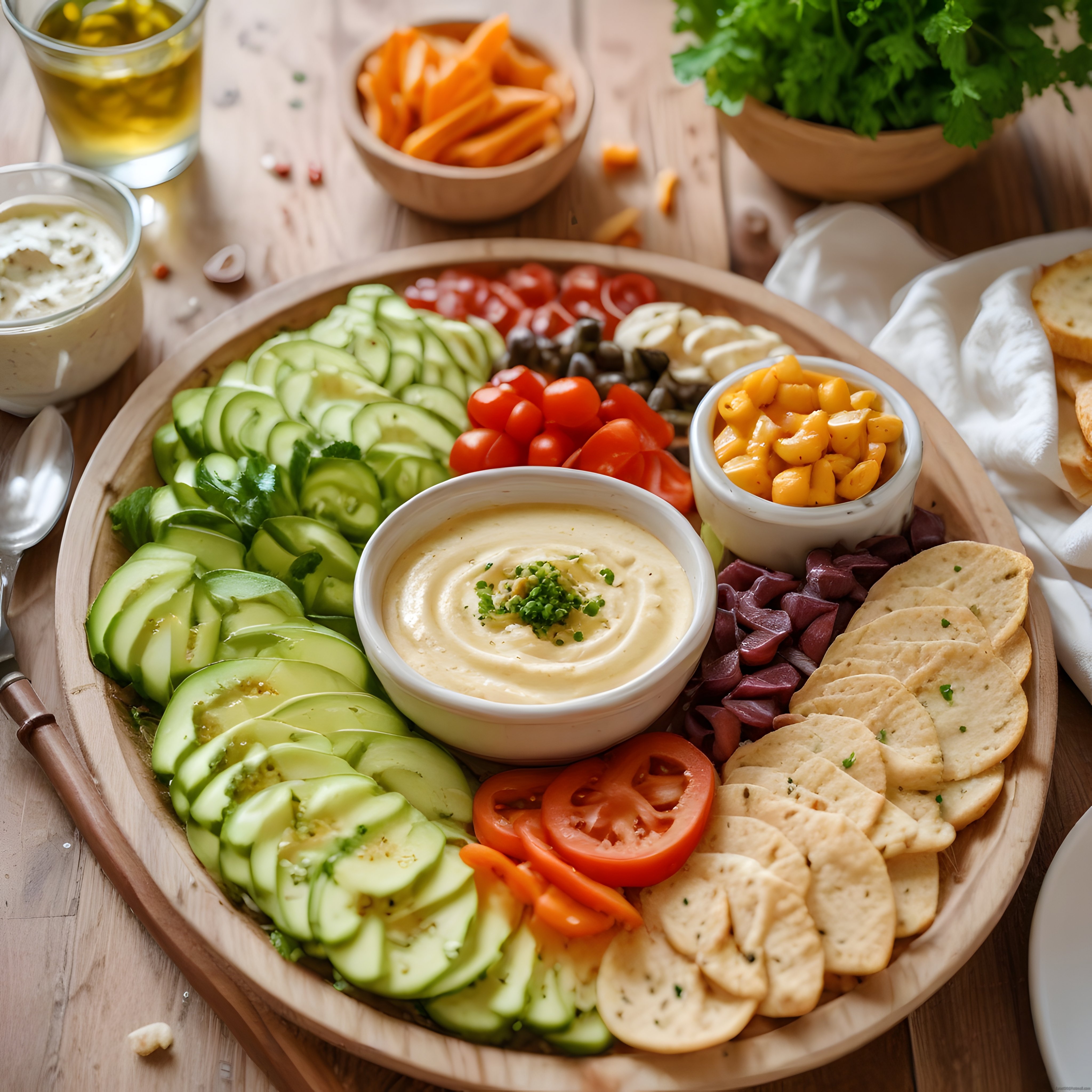 Ahşap Sunum Tahtasında Hazırlanan Sağlıklı Vegan Atıştırmalık ve Humus Tabağı