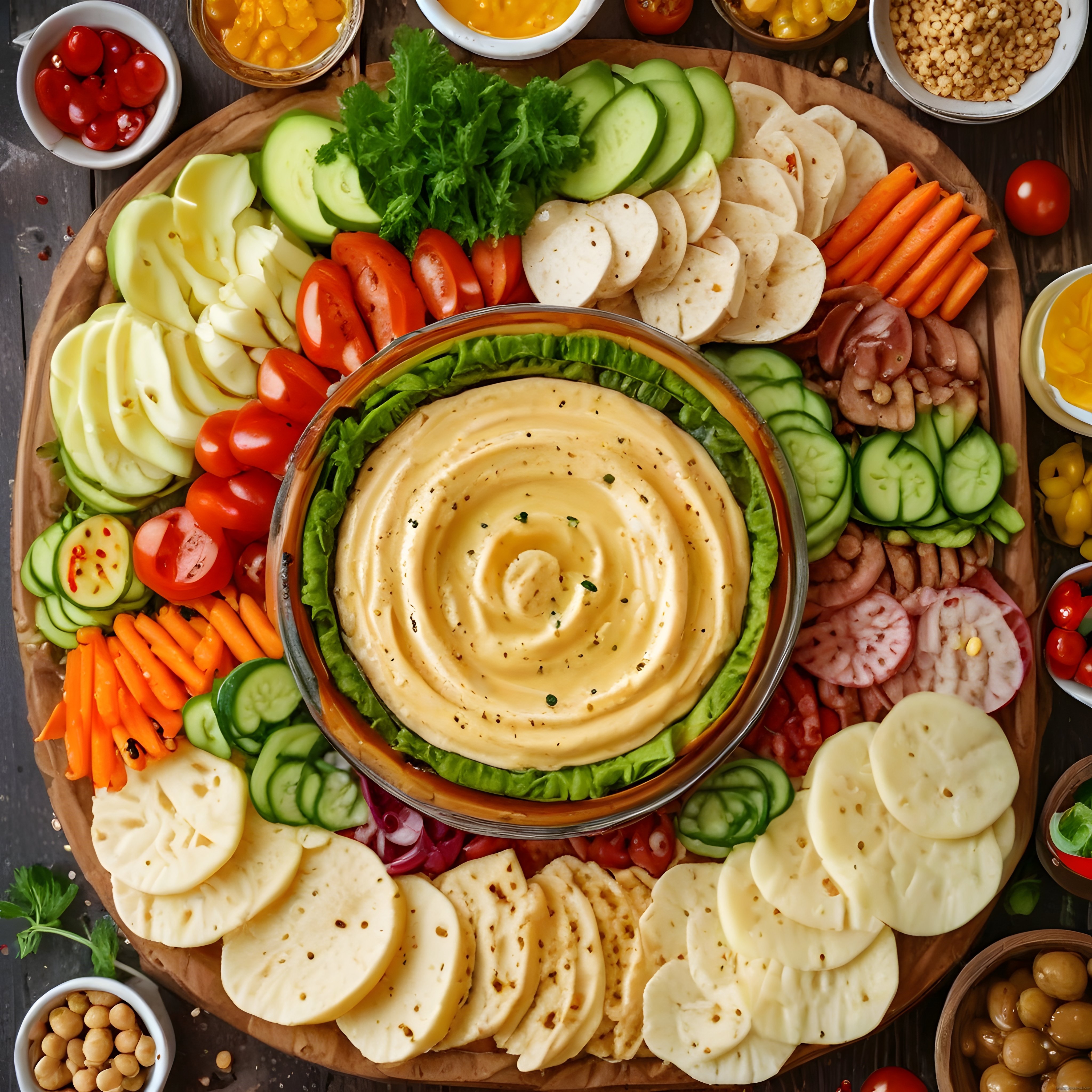 Ahşap sunum tahtasında humus dip soslu zengin atıştırmalık tabağı
