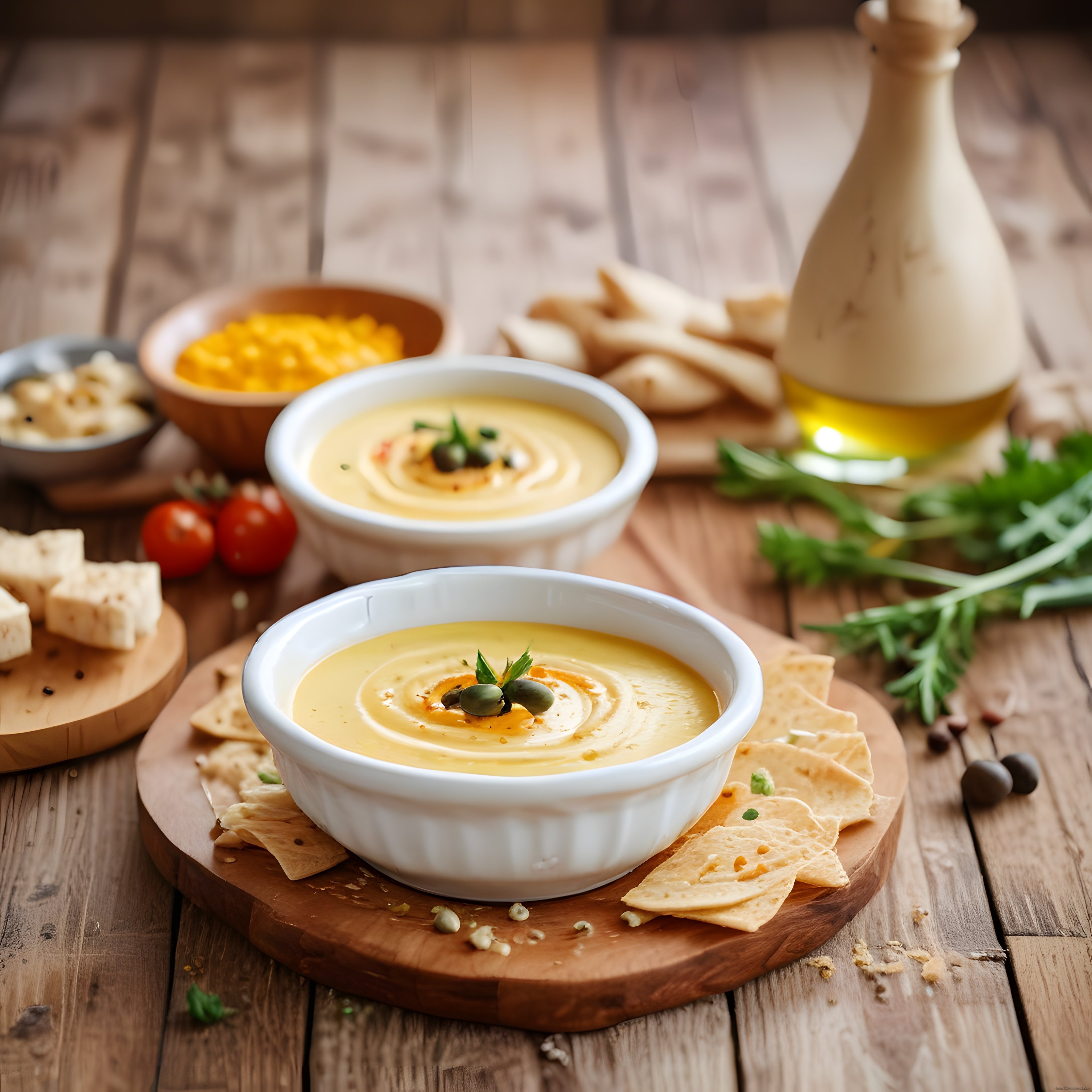 ahşap sunum tahtasında humus kaseleri cips ve zeytinyağı ile rustik masa düzeni