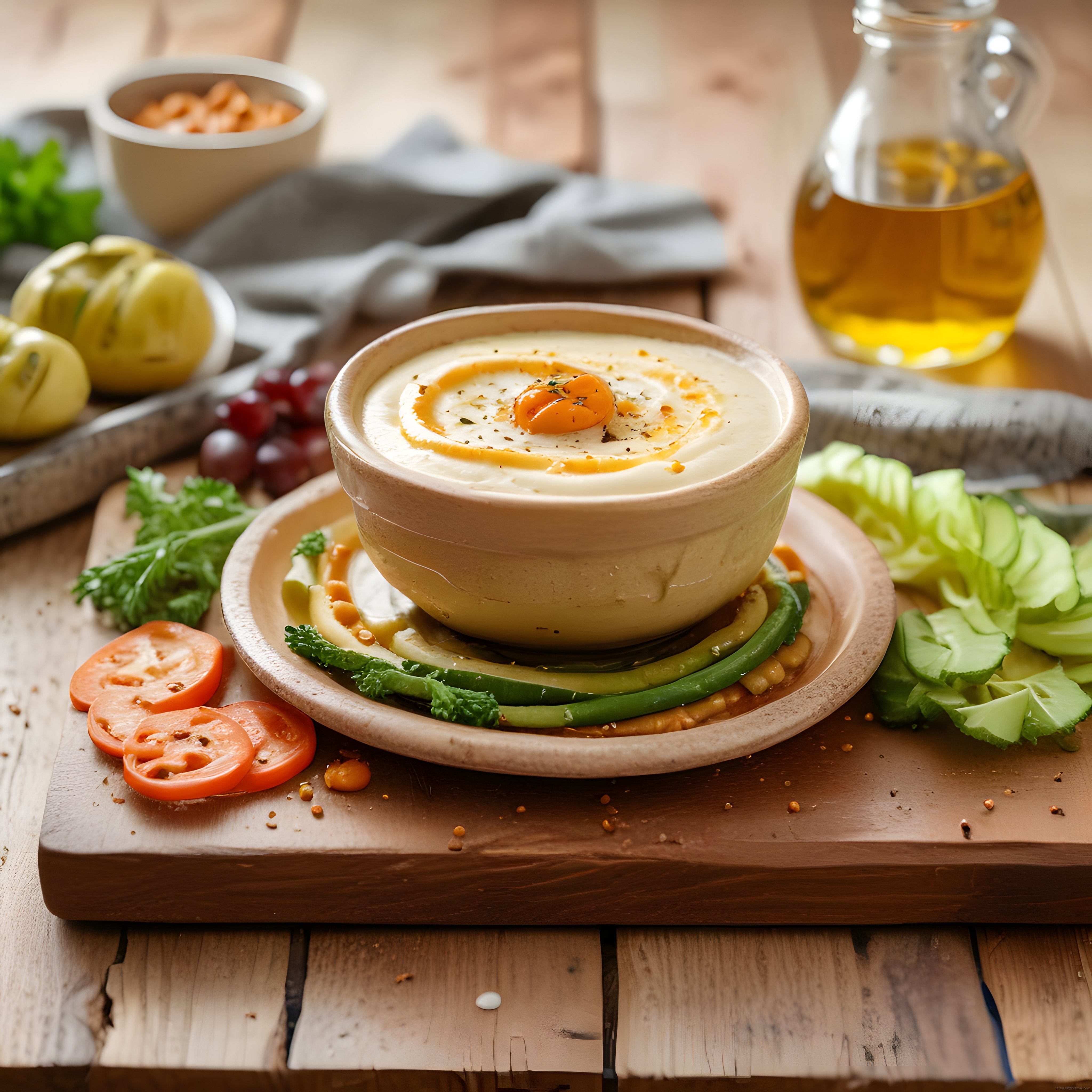 Ahşap sunum tahtasında humus mezesi, taze sebzeler ve zeytinyağıyla davet sofrası