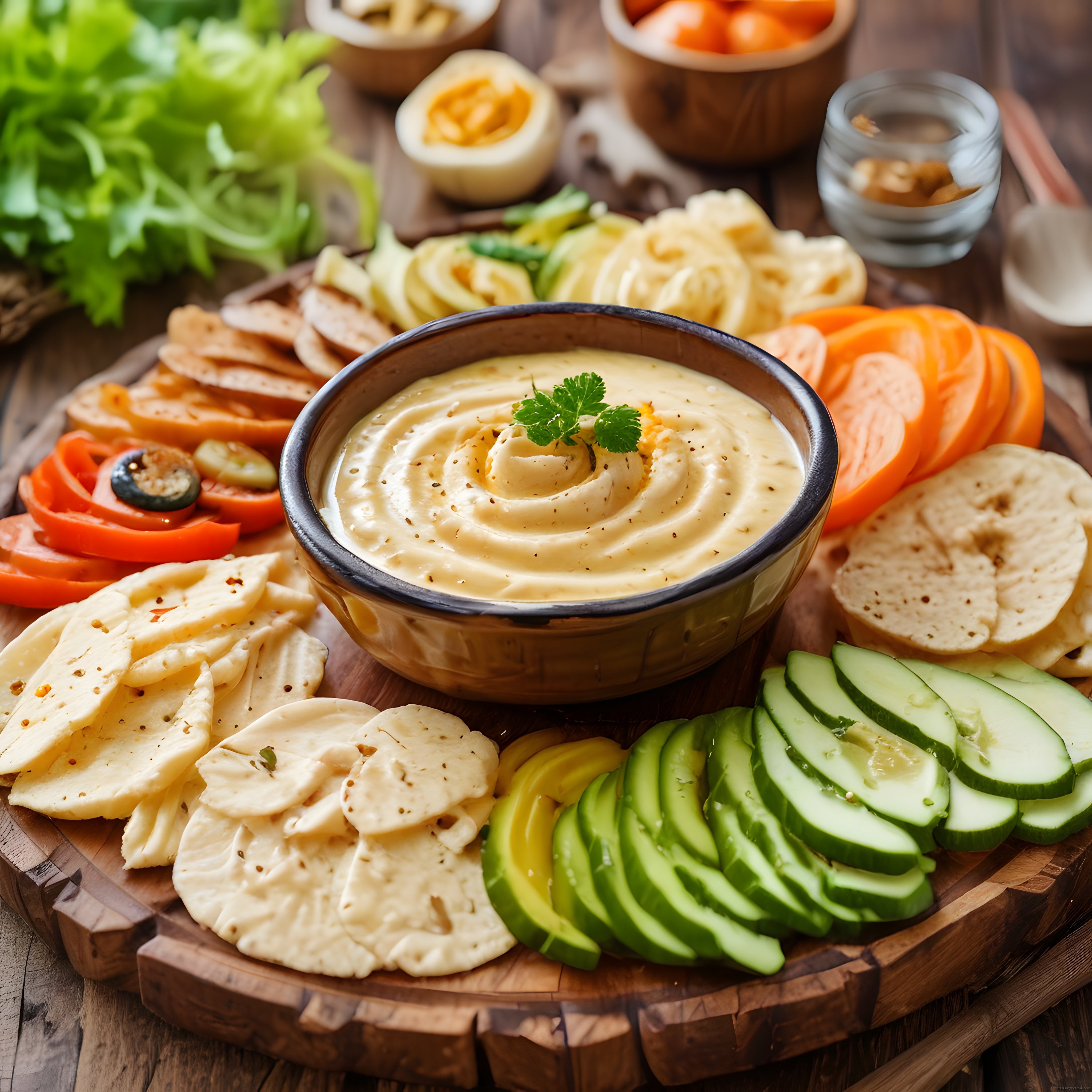 Ahşap Sunum Tahtasında Humus, Taze Sebzeler ve Kraker ile Kahvaltı Tabağı