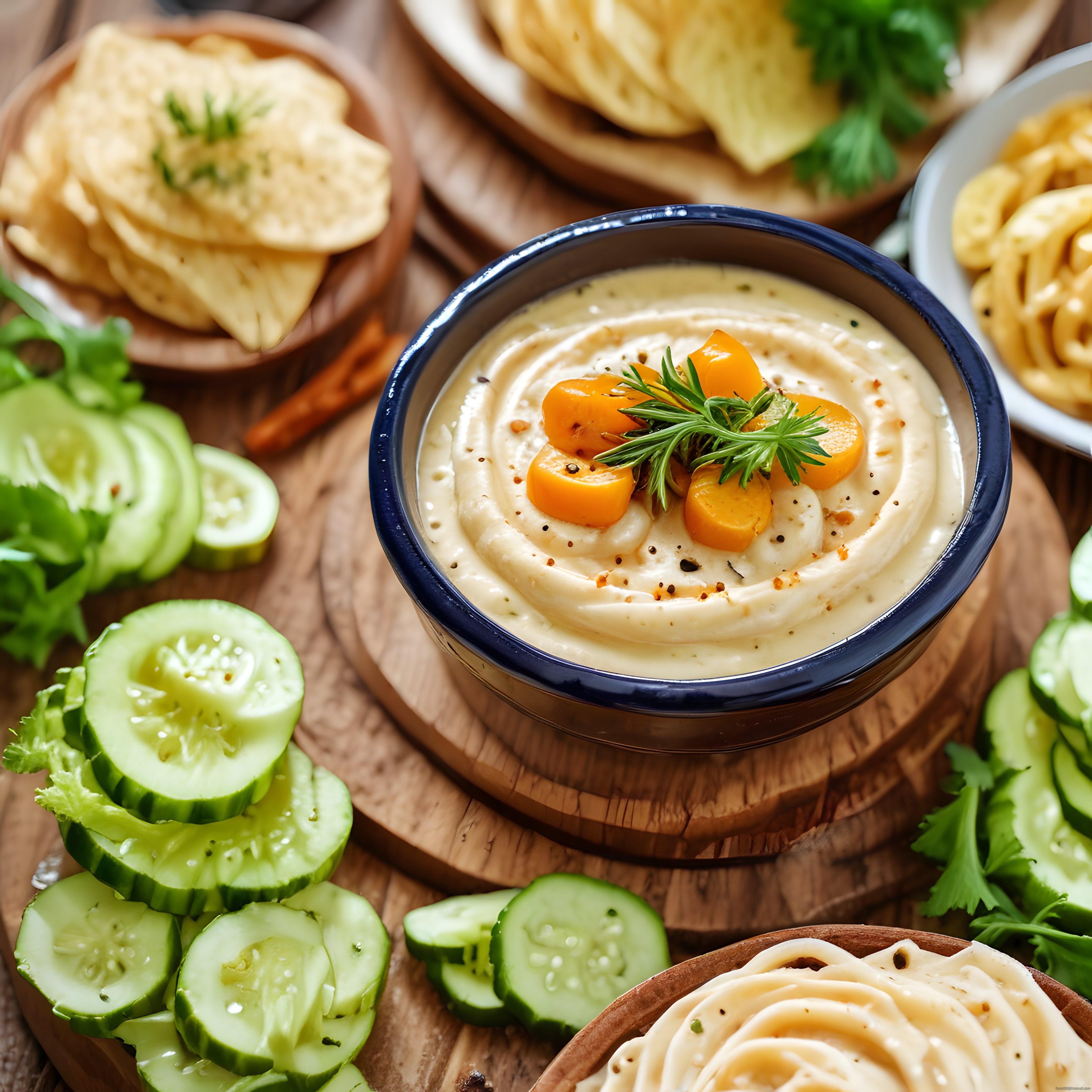 Ahşap Sunum Tahtasında Humus ve Salatalık ile Sağlıklı Atıştırmalık