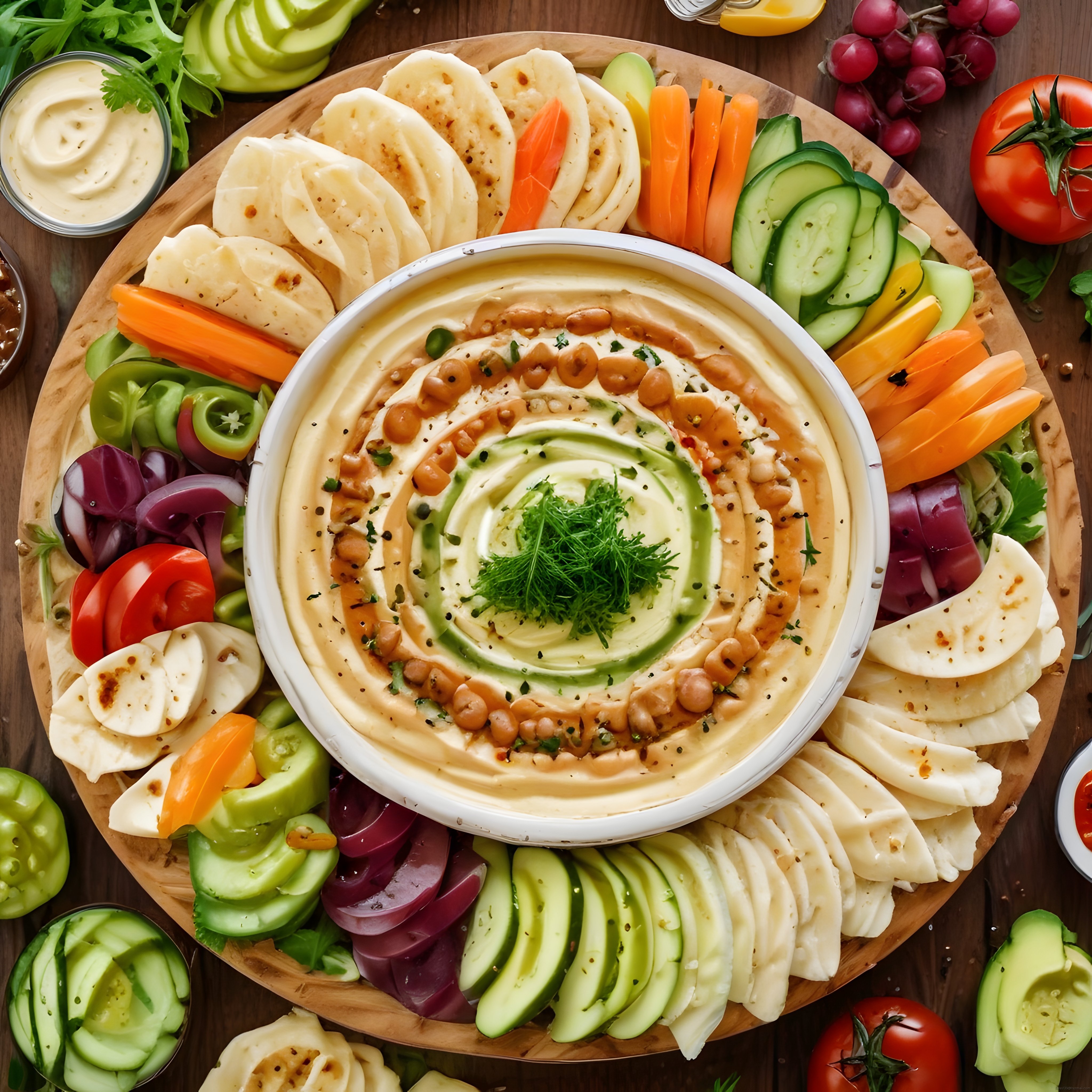 Ahşap Sunum Tahtasında Humus ve Sebzelerle Sağlıklı Meze Tabağı