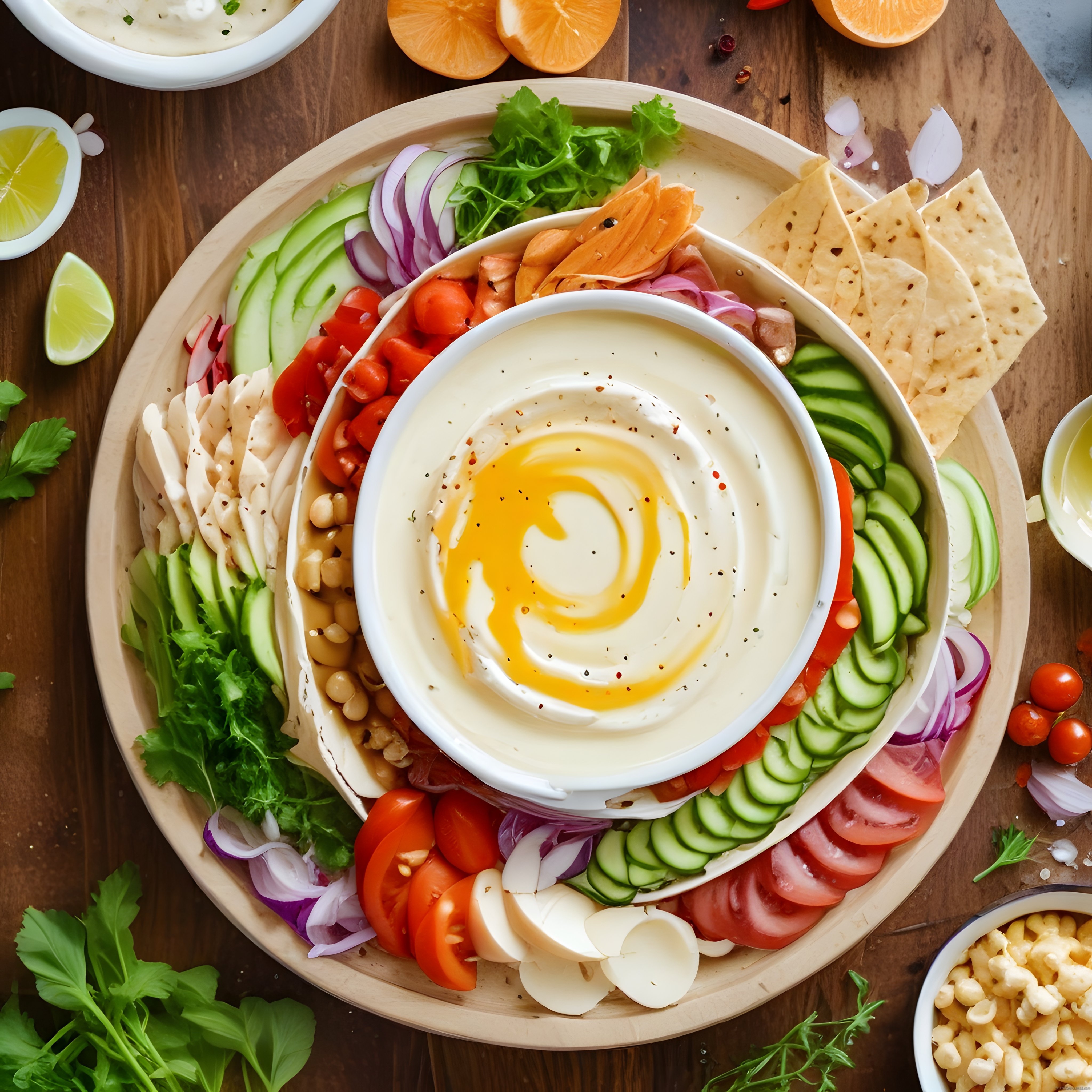 Ahşap Sunum Tahtasında Humus ve Taze Sebzelerle Lezzetli ve Sağlıklı Mezze Tabağı